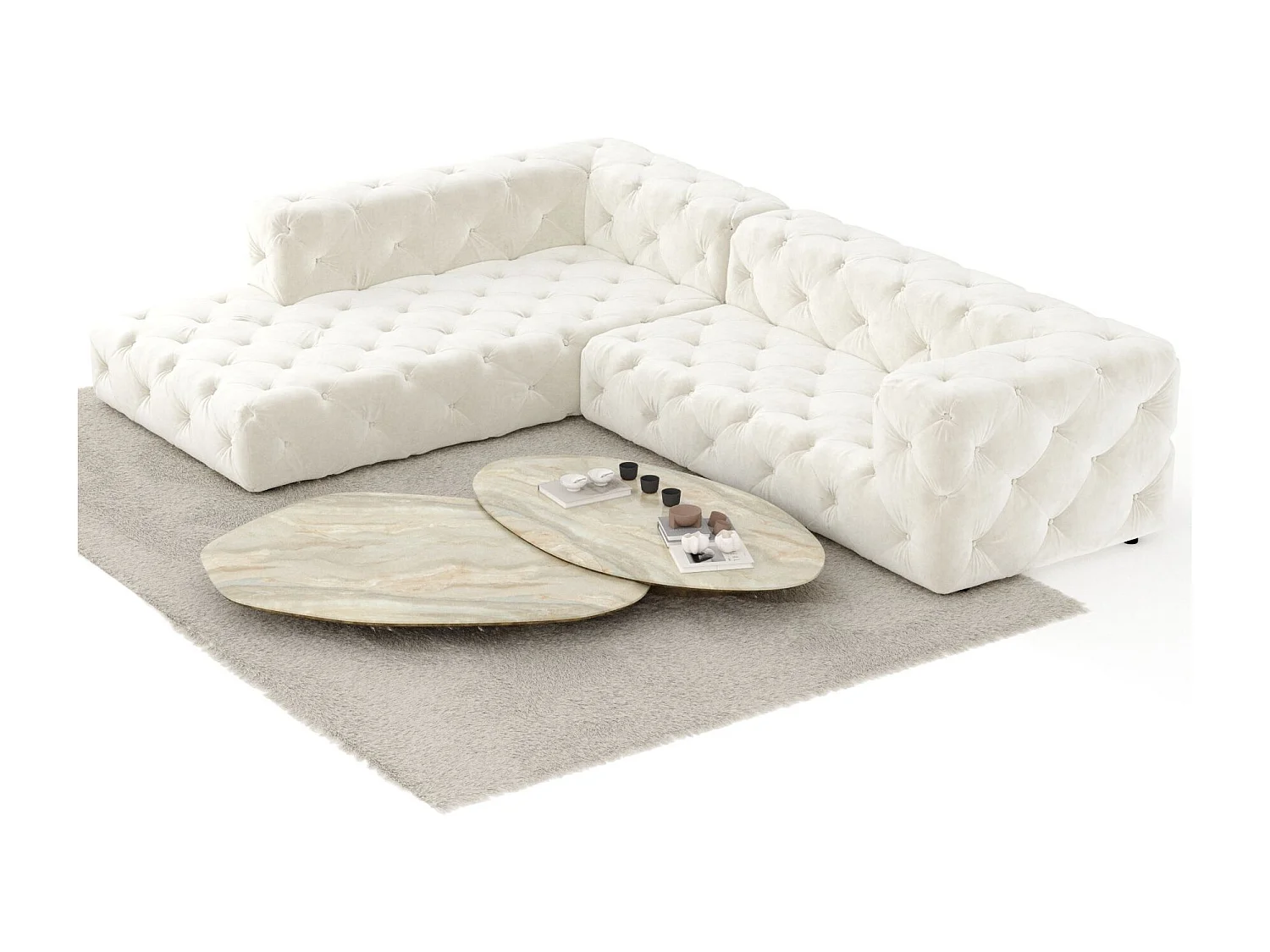 Canapé d'angle Cosimo - velours - 5 places - creme