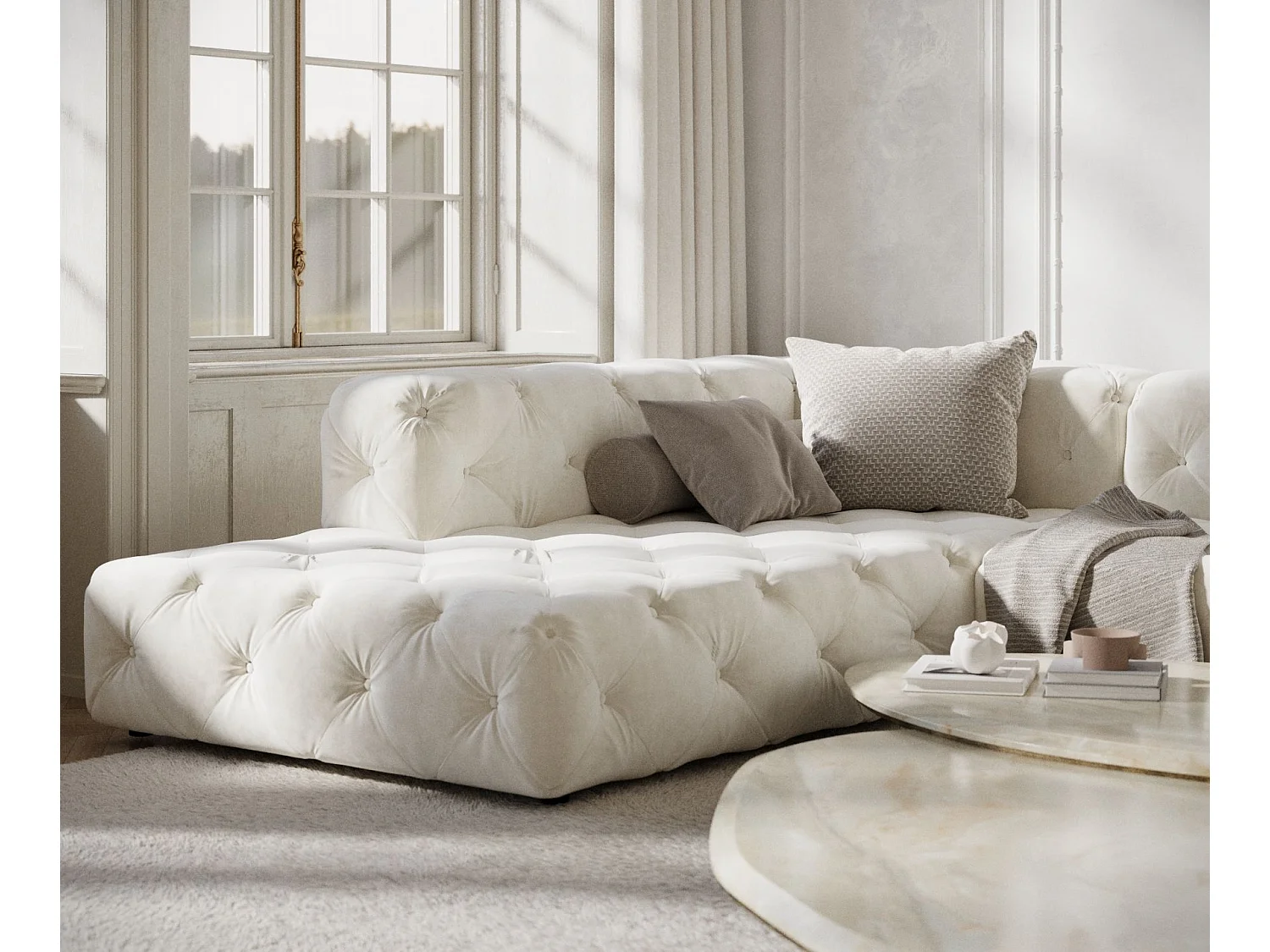 Canapé d'angle Cosimo - velours - 5 places - creme