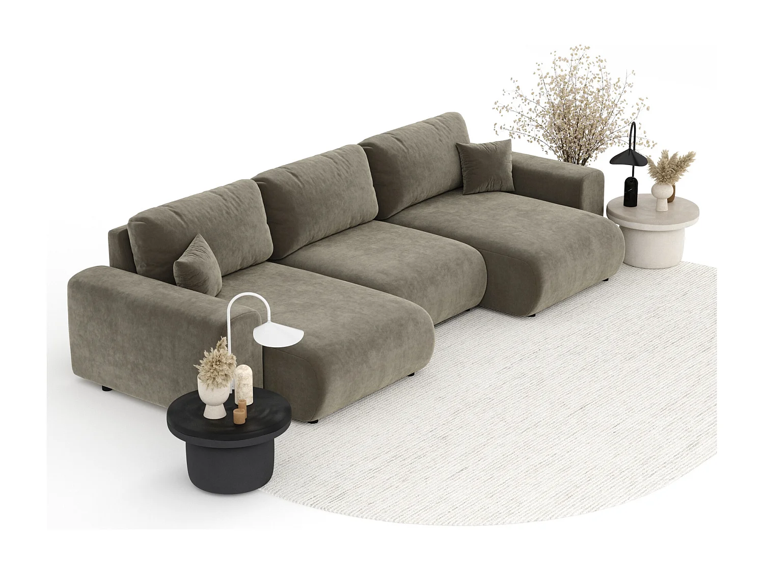 Canapé d'angle panoramique en tissu velours Zanzibar - 6 places - taupe
