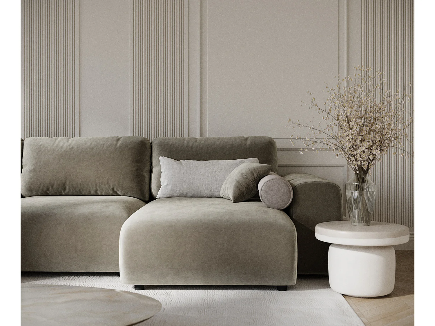 Canapé d'angle panoramique en tissu velours Zanzibar - 6 places - taupe