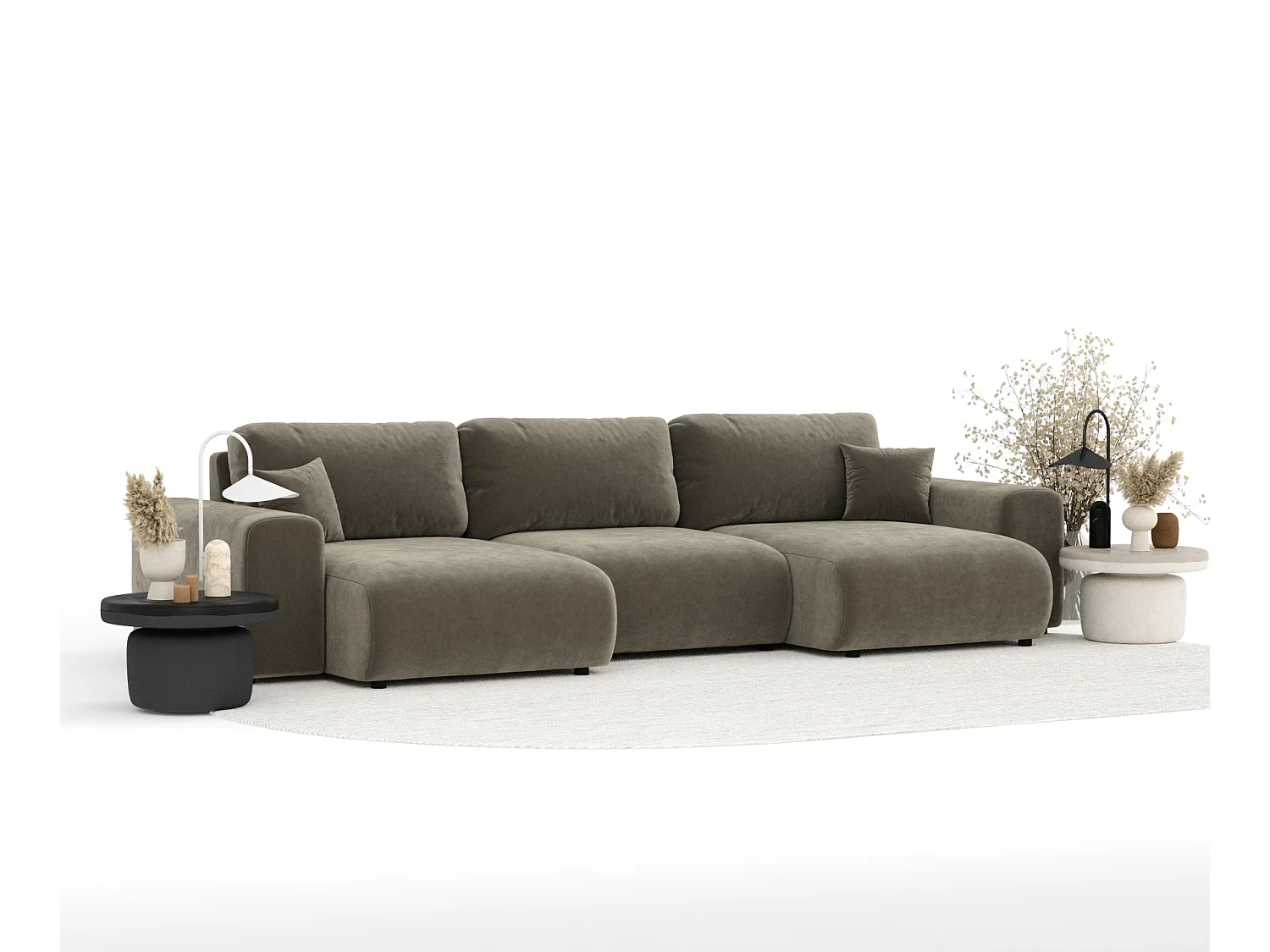 Canapé d'angle panoramique en tissu velours Zanzibar - 6 places - taupe