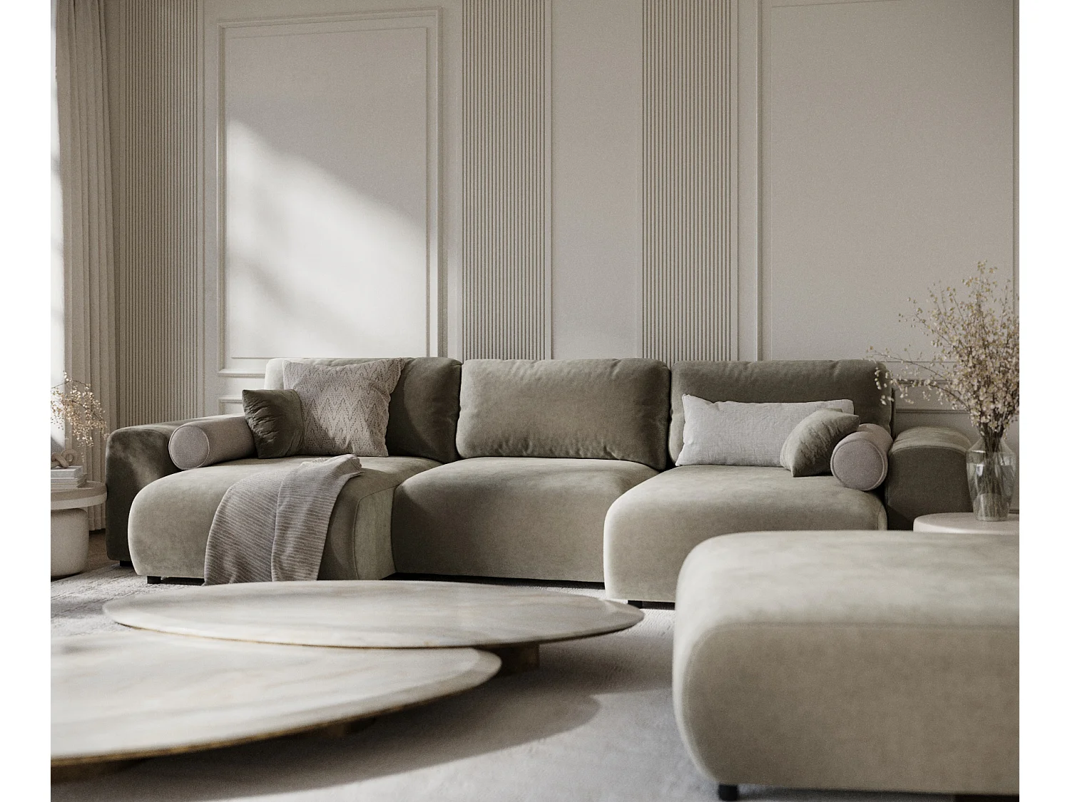 Canapé d'angle panoramique en tissu velours Zanzibar - 6 places - taupe