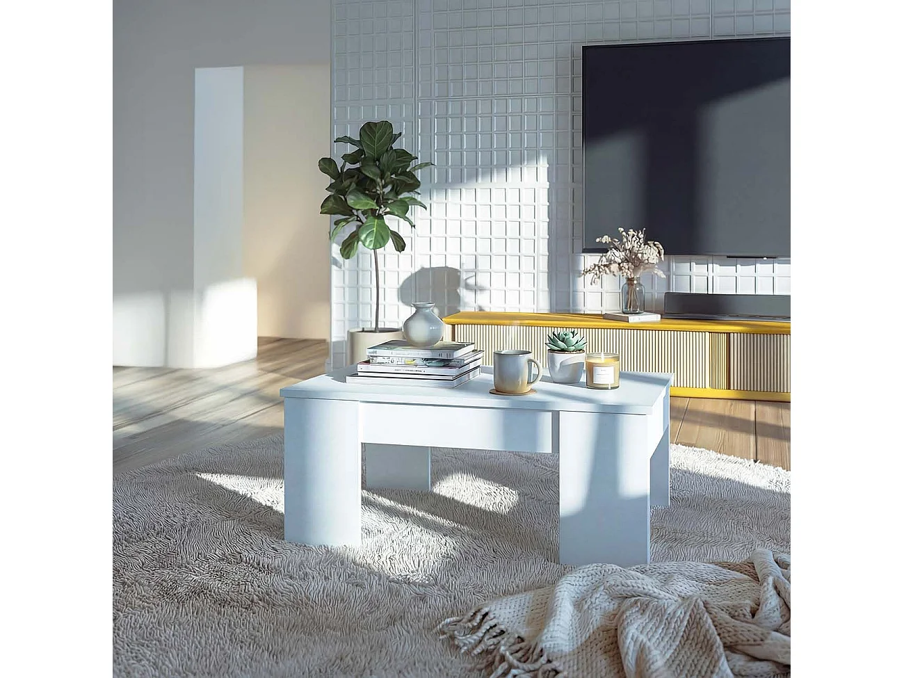 Mesa de centro elevable con almacenaje en blanco artick 100x45-56 cm Vita Blanco Artik (Blanco Mate)