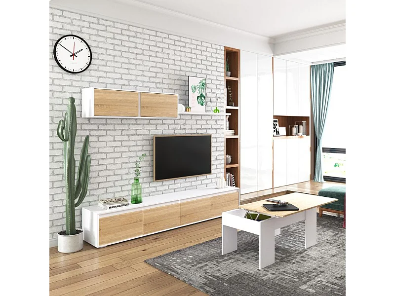 Mesa de centro elevable Vita Blanco Artik (Blanco Mate) - Roble Canadian