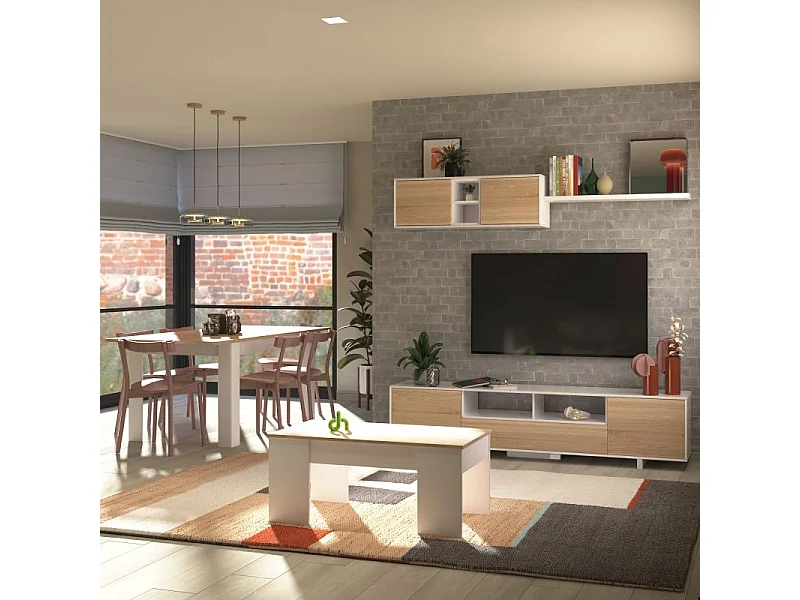 Mesa de centro elevable Vita Blanco Artik (Blanco Mate) - Roble Canadian