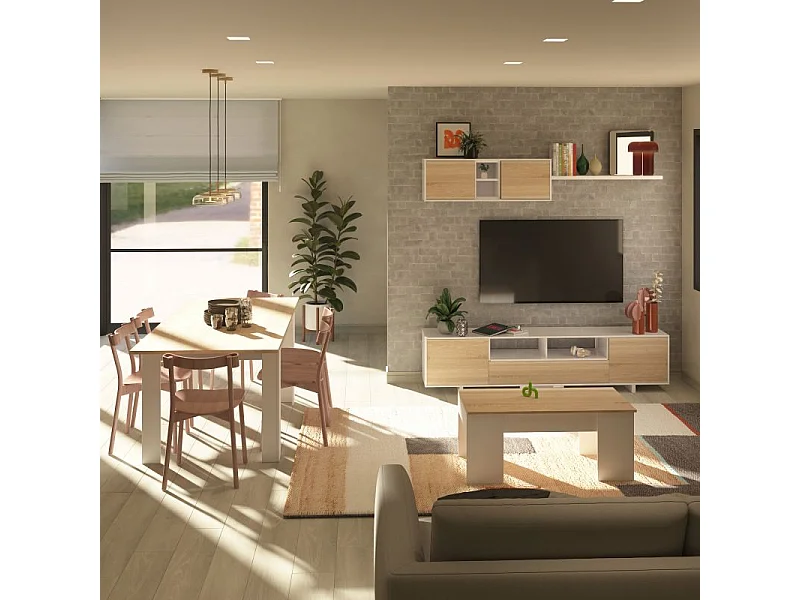 Mesa de centro elevable Vita Blanco Artik (Blanco Mate) - Roble Canadian