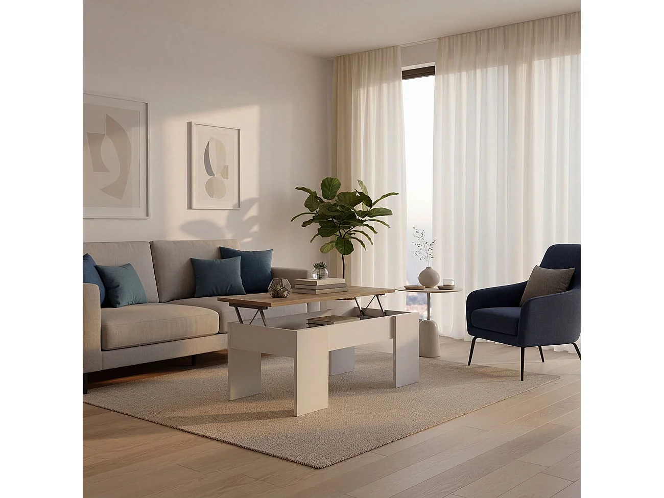 Mesa de centro elevable Vita Blanco Artik (Blanco Mate) - Roble Canadian