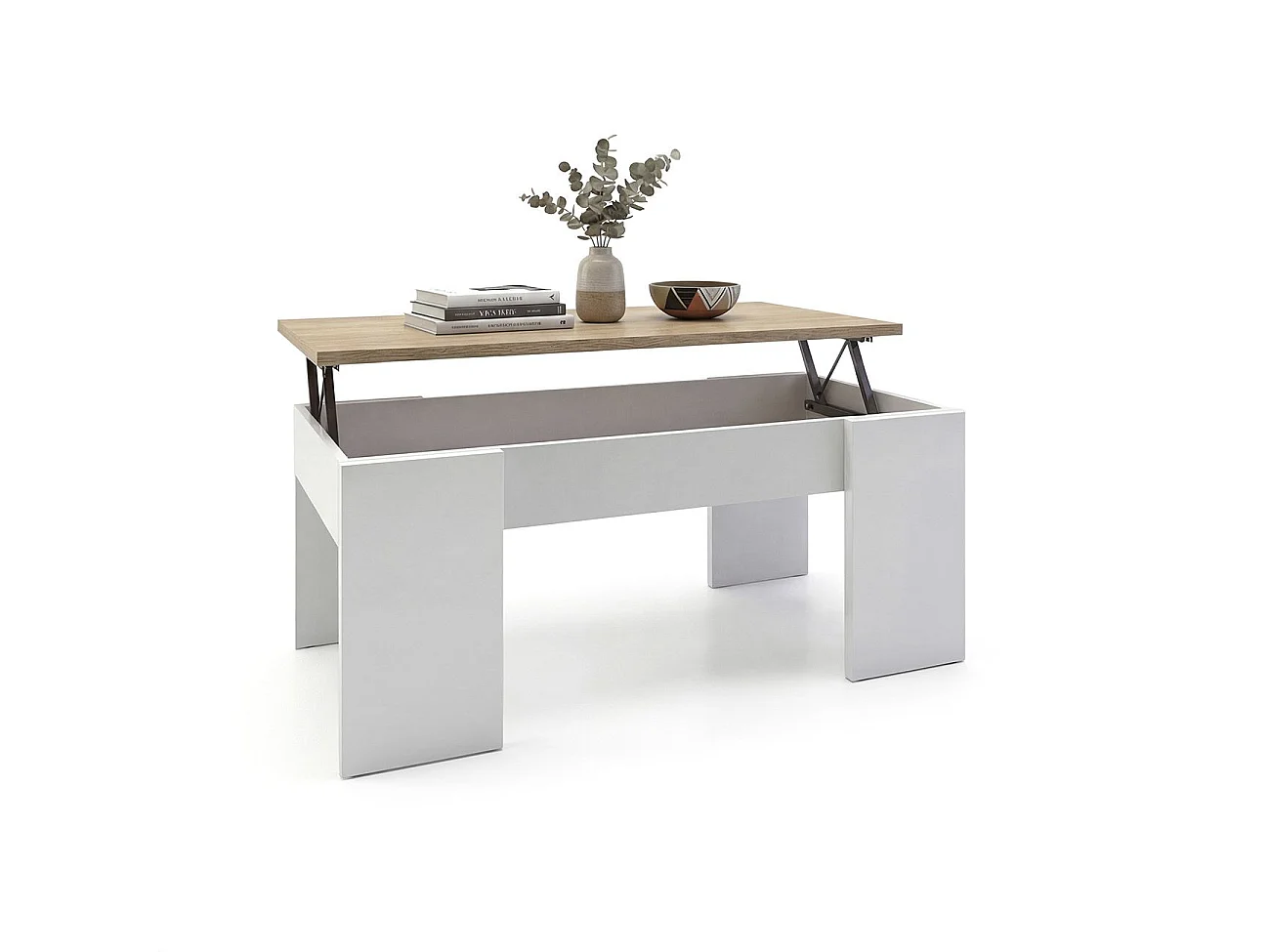 Mesa de centro elevable con almacenaje en blanco artick y roble canadian 100x45-56 cm Vita Blanco Artik (Blanco Mate) - Roble Canadian