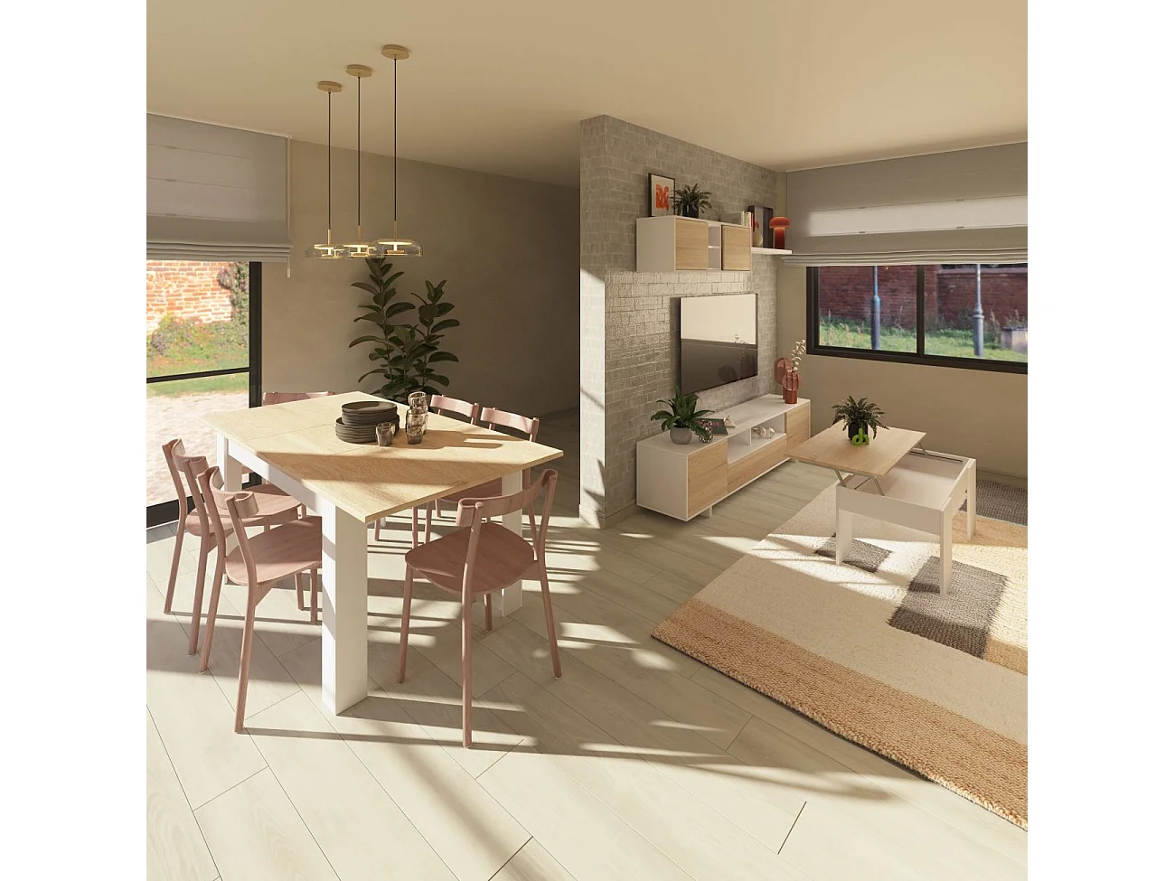 Mesa de centro elevable con almacenaje en blanco artick y roble canadian 100x45-56 cm Vita Blanco Artik (Blanco Mate) - Roble Canadian