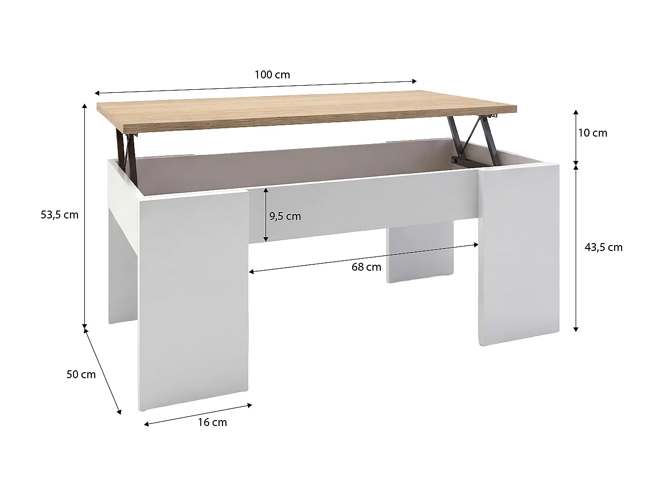 Mesa de centro elevable con almacenaje en blanco artick y roble canadian 100x45-56 cm Vita Blanco Artik (Blanco Mate) - Roble Canadian