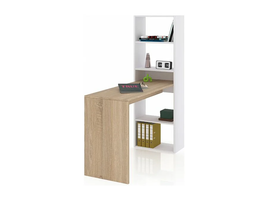 Mesa de escritorio con estantería Cosmic Blanco Artik (Blanco Mate) - Roble Canadian