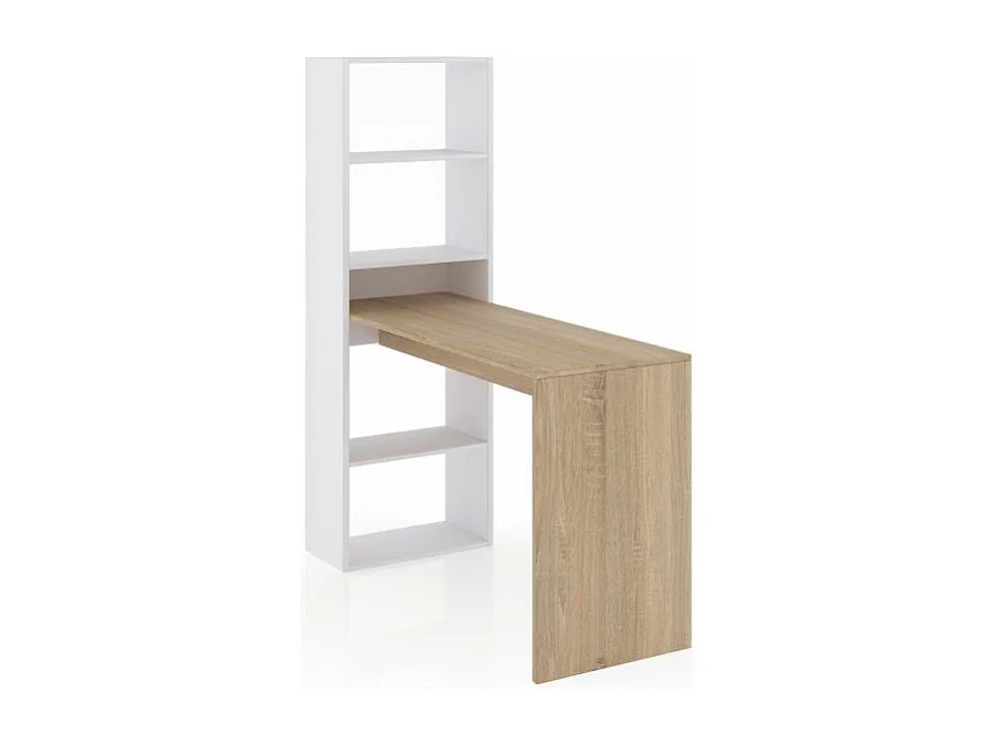 Mesa de escritorio con estantería Cosmic Blanco Artik (Blanco Mate) - Roble Canadian