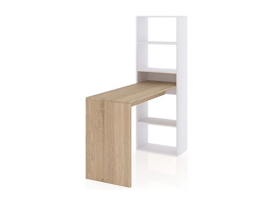 Mesa de escritorio con estantería Cosmic Blanco Artik (Blanco Mate) - Roble Canadian