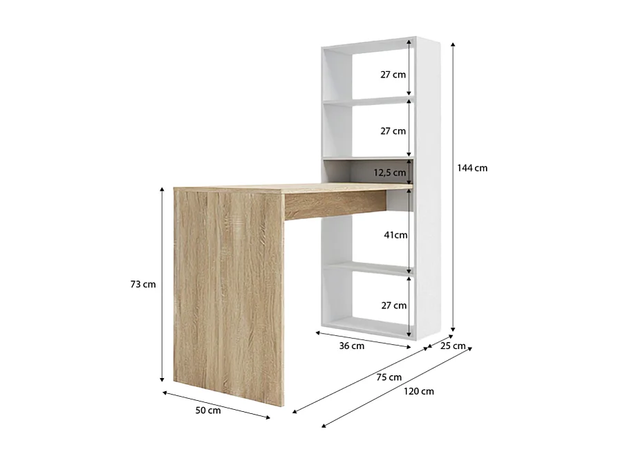 Mesa de escritorio con estantería Cosmic en blanco artik roble canadian 120 x 144 cm Blanco Artik (Blanco Mate) - Roble Canadian