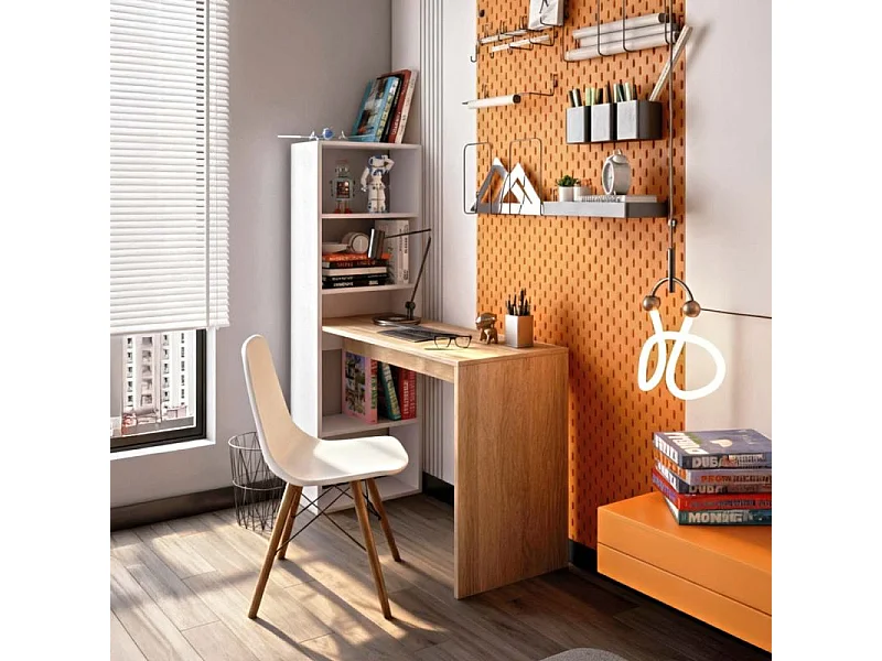 Mesa de escritorio con estantería en blanco artik y roble canadian 120x50 cm Cosmic Blanco Artik (Blanco Mate) - Roble Canadian