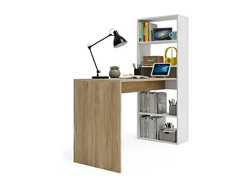 Mesa de escritorio con estantería en blanco artik y roble canadian 120x50 cm Cosmic Blanco Artik (Blanco Mate) - Roble Canadian