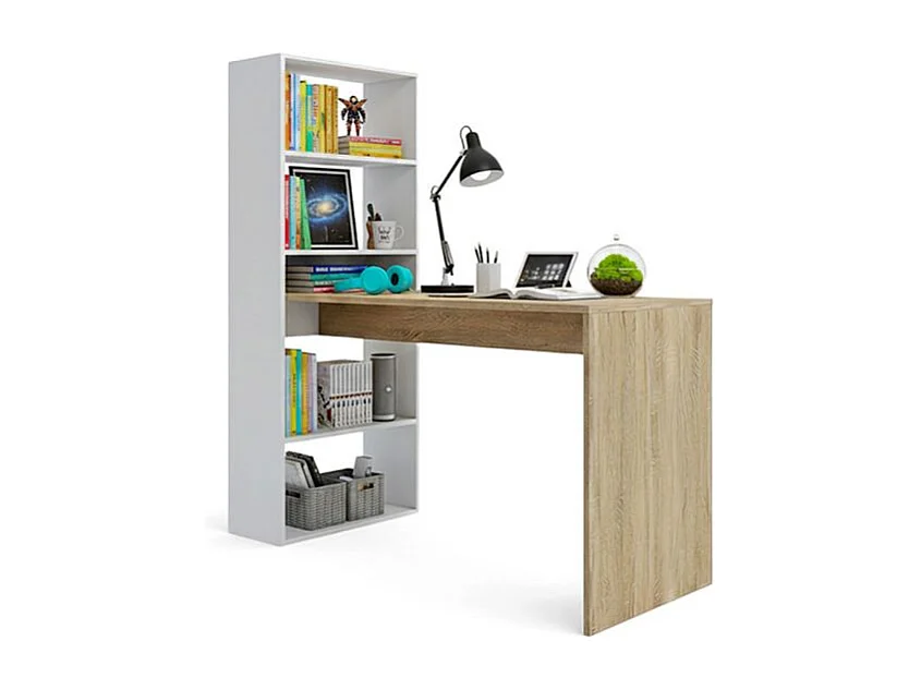 Mesa de escritorio con estantería en blanco artik y roble canadian 120x50 cm Cosmic Blanco Artik (Blanco Mate) - Roble Canadian