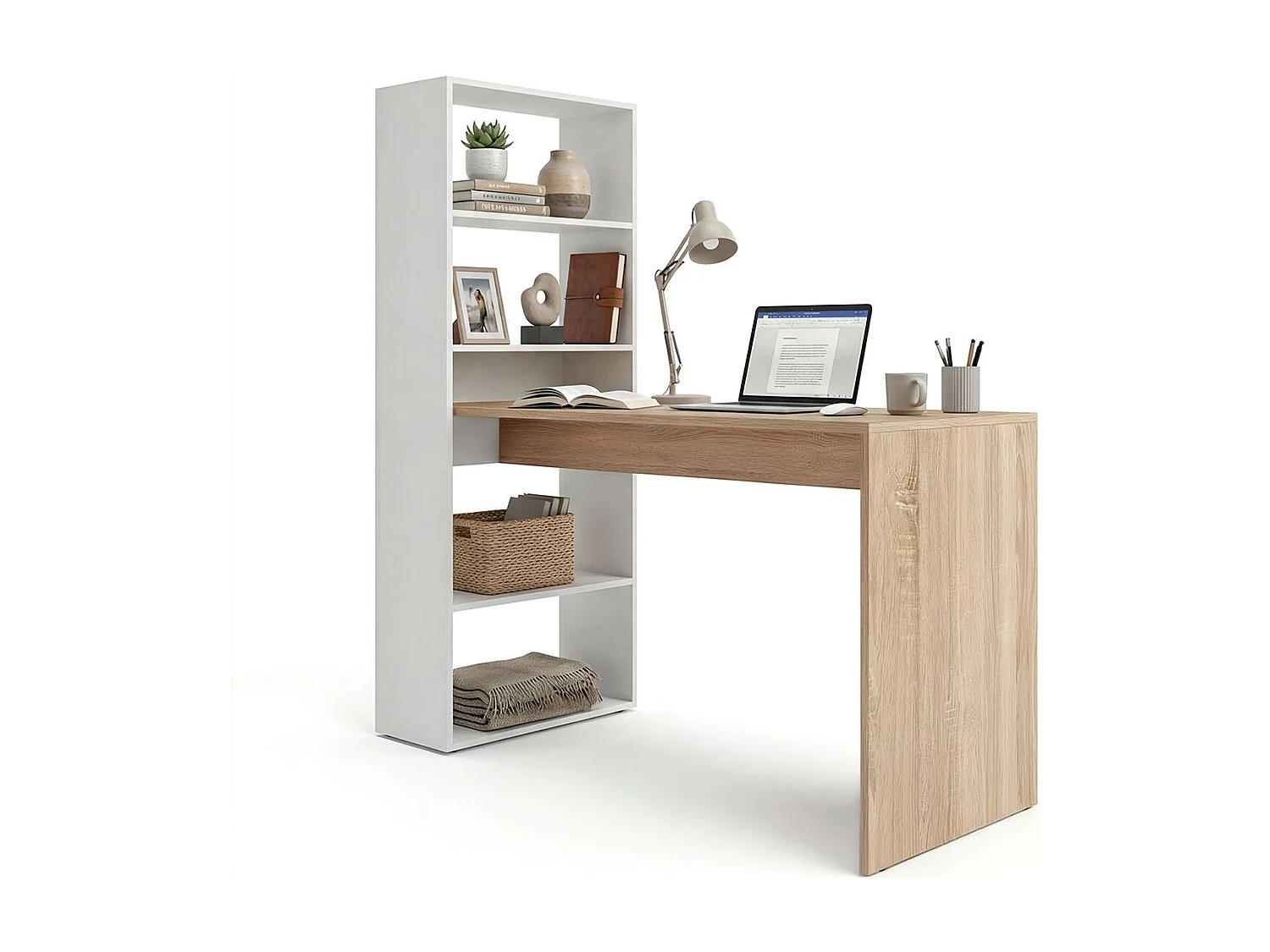 Mesa de escritorio con estantería en blanco artik y roble canadian 120x50 cm Cosmic Blanco Artik (Blanco Mate) - Roble Canadian