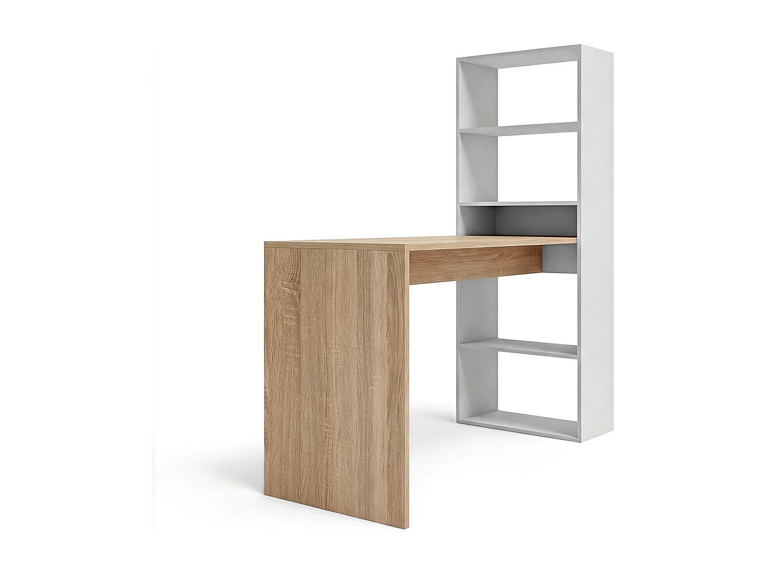 Mesa de escritorio con estantería en blanco artik y roble canadian 120x50 cm Cosmic Blanco Artik (Blanco Mate) - Roble Canadian