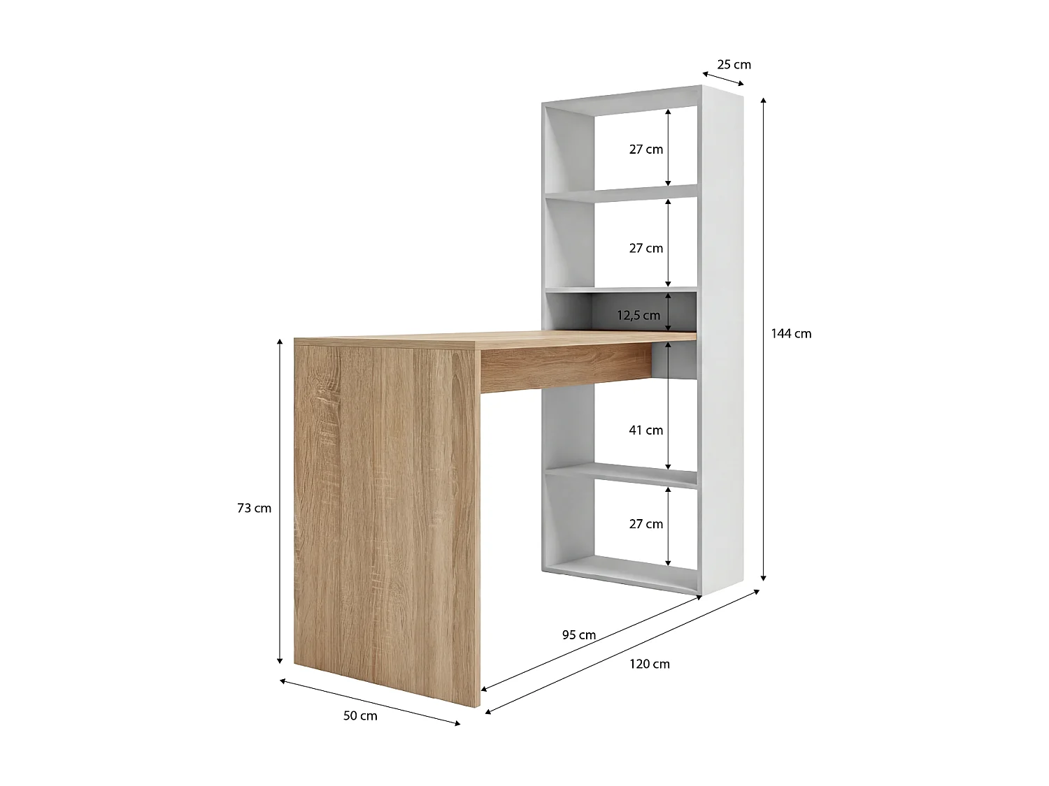 Mesa de escritorio con estantería en blanco artik y roble canadian 120x50 cm Cosmic Blanco Artik (Blanco Mate) - Roble Canadian