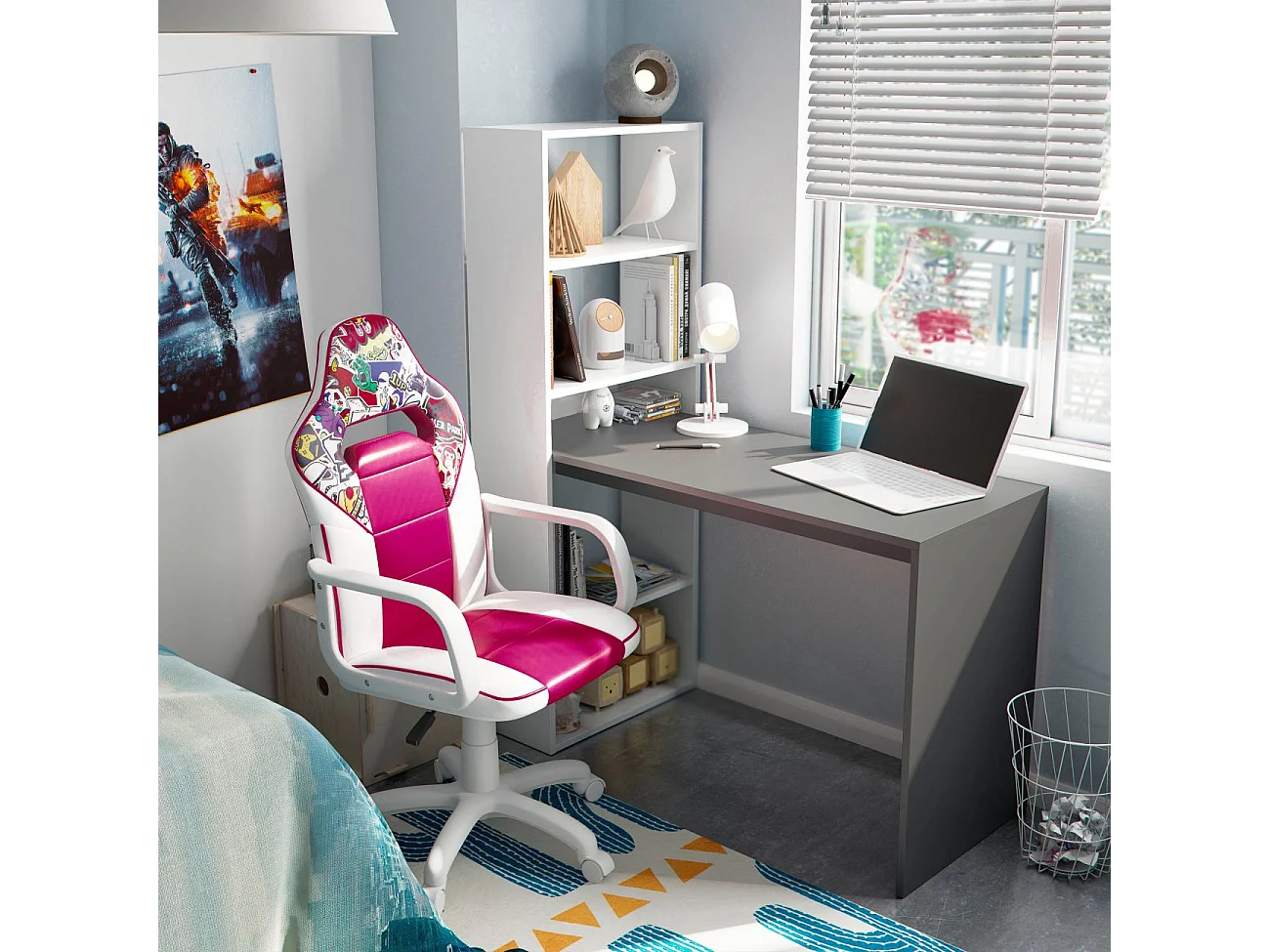 Mesa de escritorio con estantería Cosmic en blanco artik gris antracita 120 x 144 cm Blanco Artik (Blanco Mate) - Gris Antracita