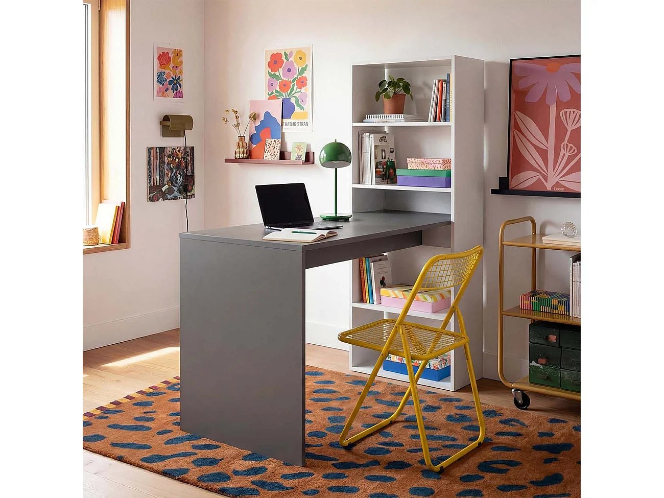 Mesa de escritorio con estantería en blanco artik y gris antracita 120x50 cm Cosmic Blanco Artik (Blanco Mate) - Gris Grafito