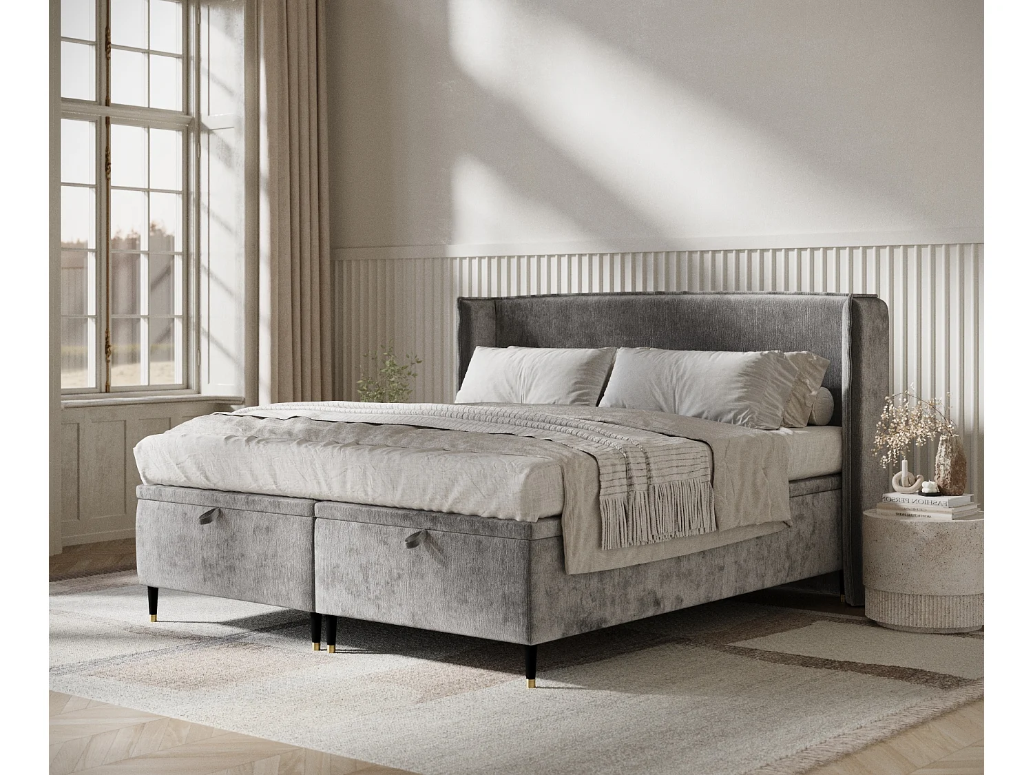 Lit coffre en tissu chenille Ritual - 200 x 200 cm - gris