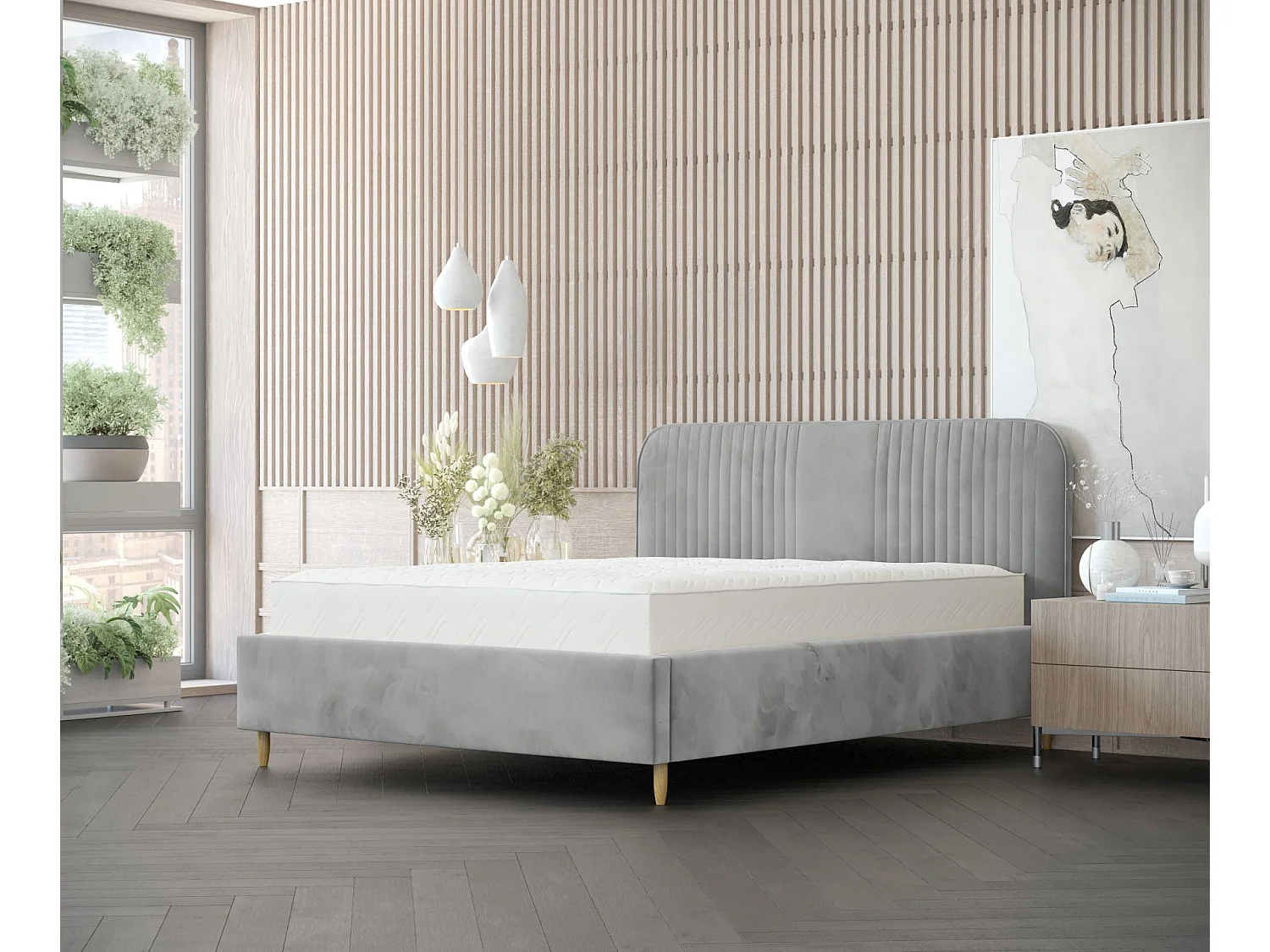 Lit coffre Livy - 160 x 200 cm - velours - gris