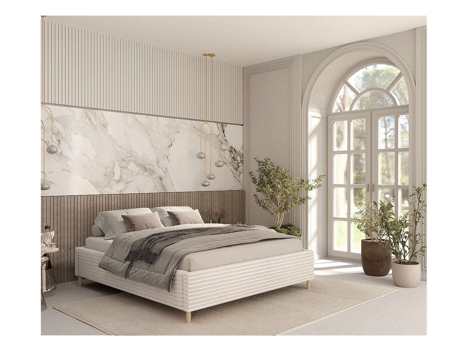Lit capitonné Larch - 160 x 200 cm - velours - creme