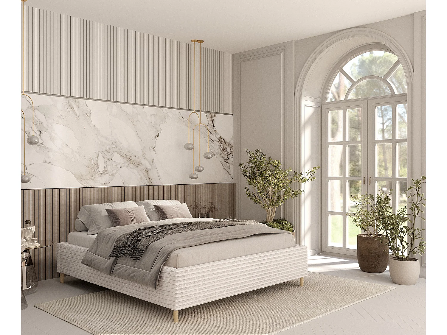 Polsterbett Larch - 160 x 200 cm - Samtstoff - creme