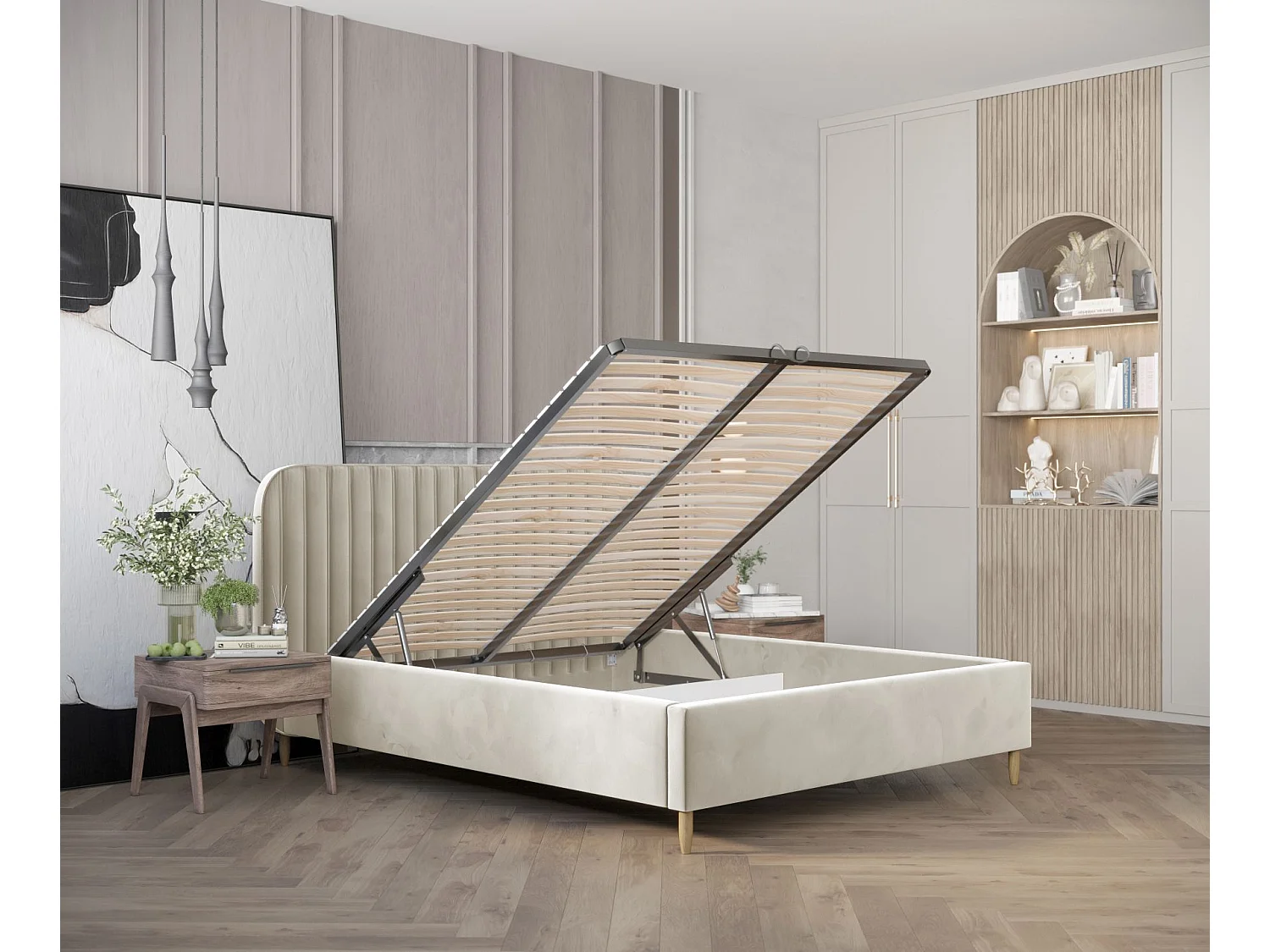 Lit coffre Noto - 160 x 200 cm - velours - crème