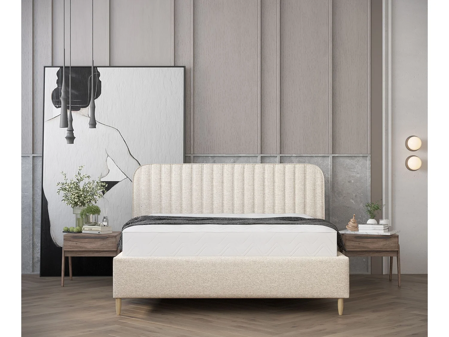 Lit coffre Noto - 180 x 200 cm - toile tissée - crème