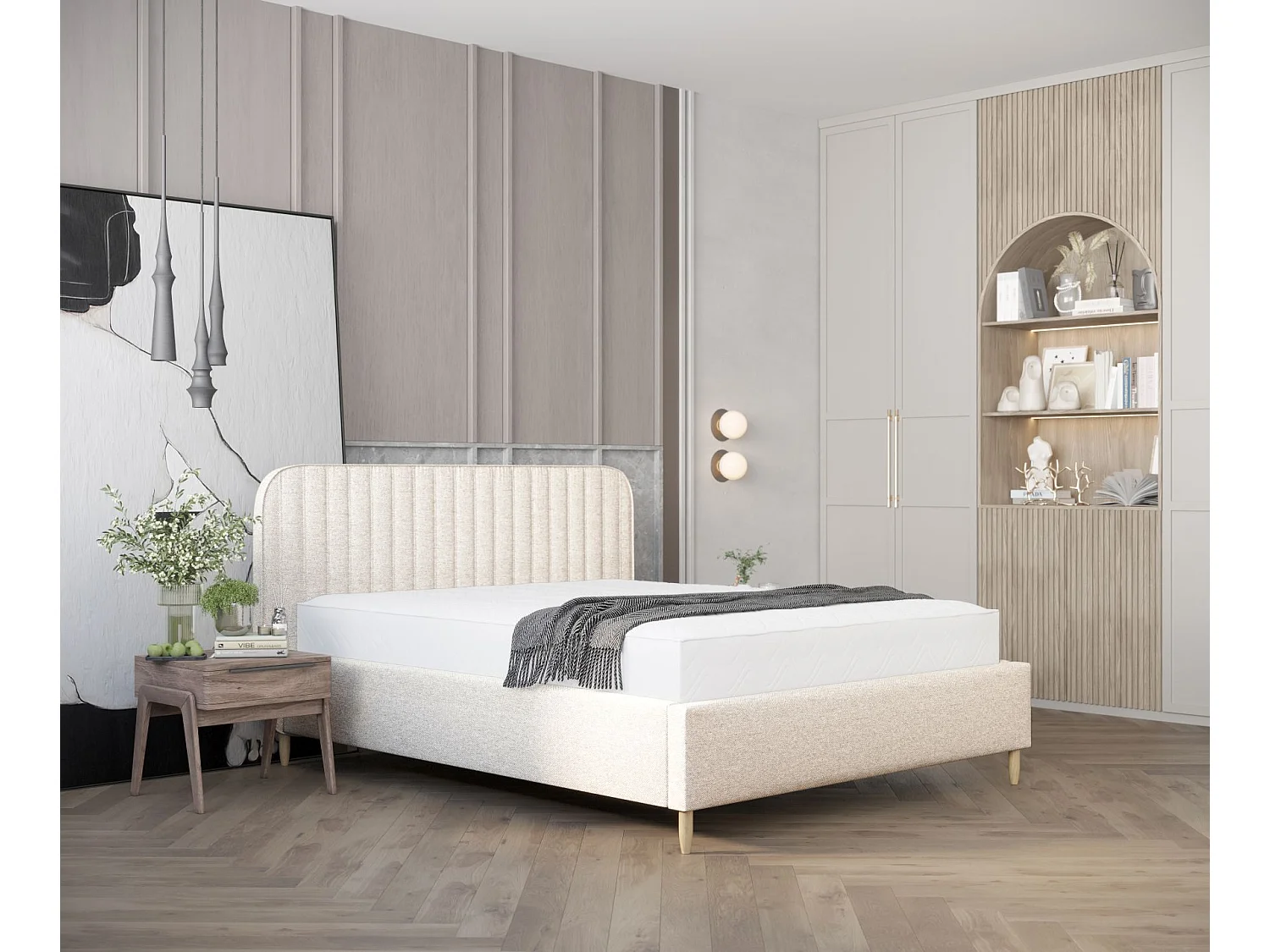 Lit coffre Noto - 180 x 200 cm - toile tissée - crème