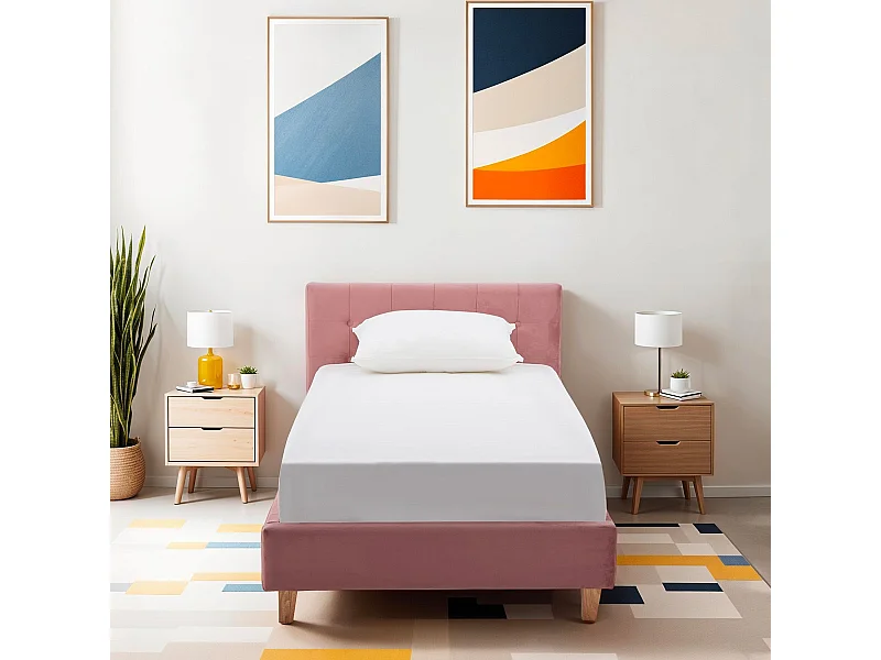 Lit adulte 90x190 cm avec tête de lit capitonnée en velours vieux rose - Milo