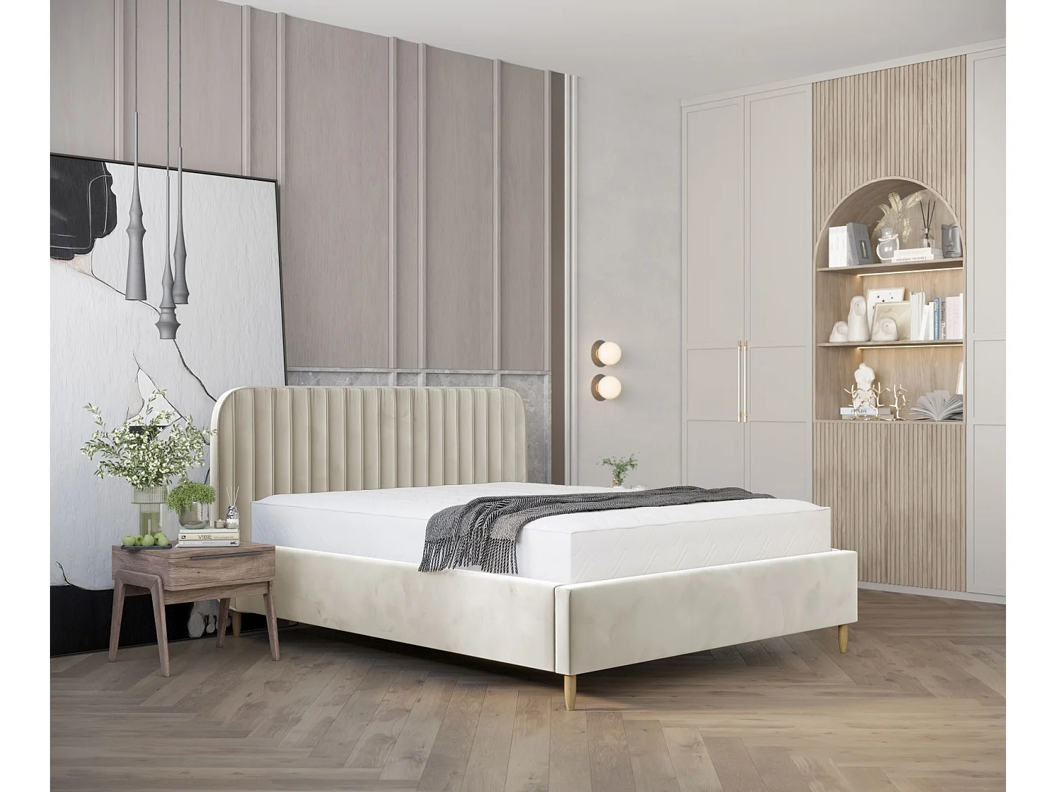 Lit coffre Noto - 140 x 200 cm - velours - crème