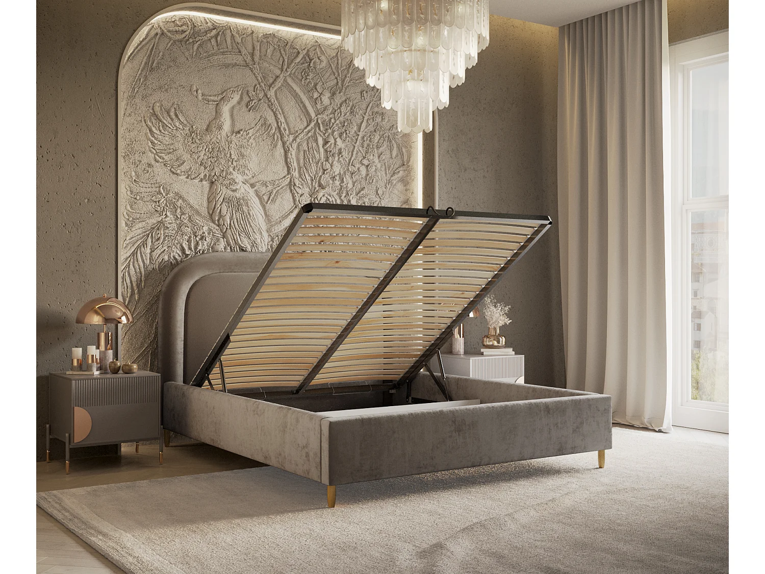 Lit coffre Mija - 120 x 200 cm - chenille - beige