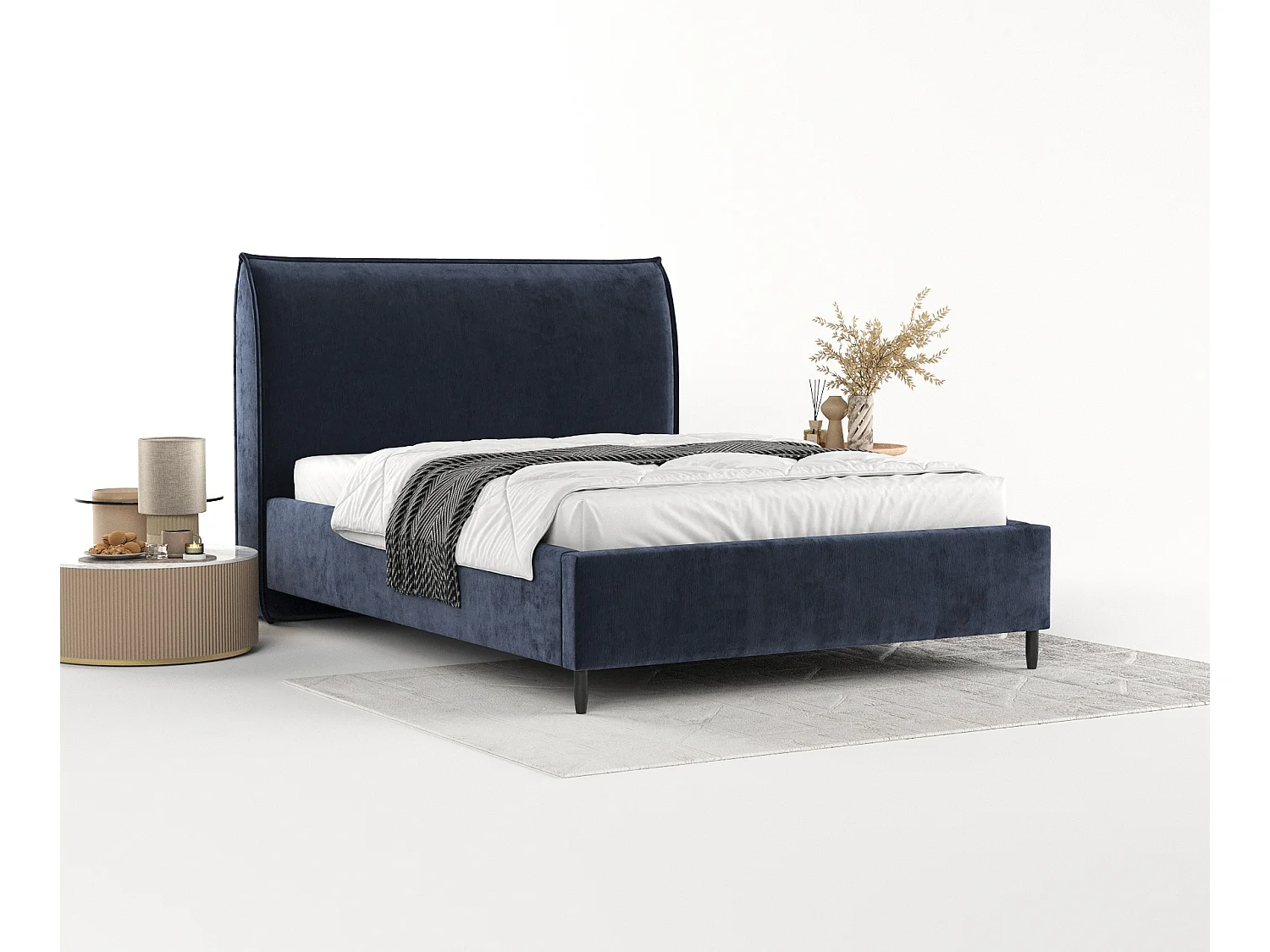 Gestoffeerd bed Shell - 120 x 200 cm - chenillestof - marineblauw