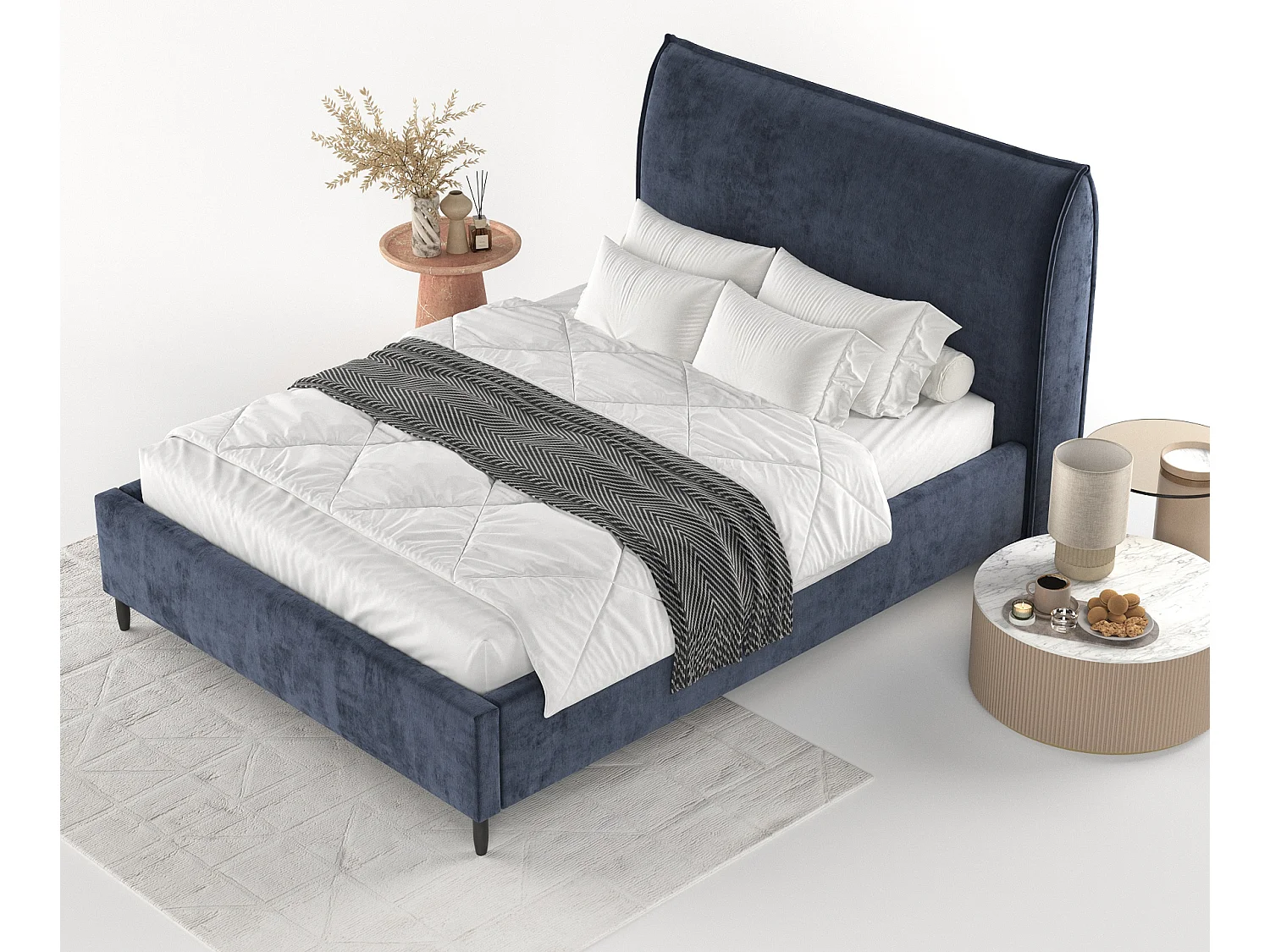 Gestoffeerd bed Shell - 120 x 200 cm - chenillestof - marineblauw