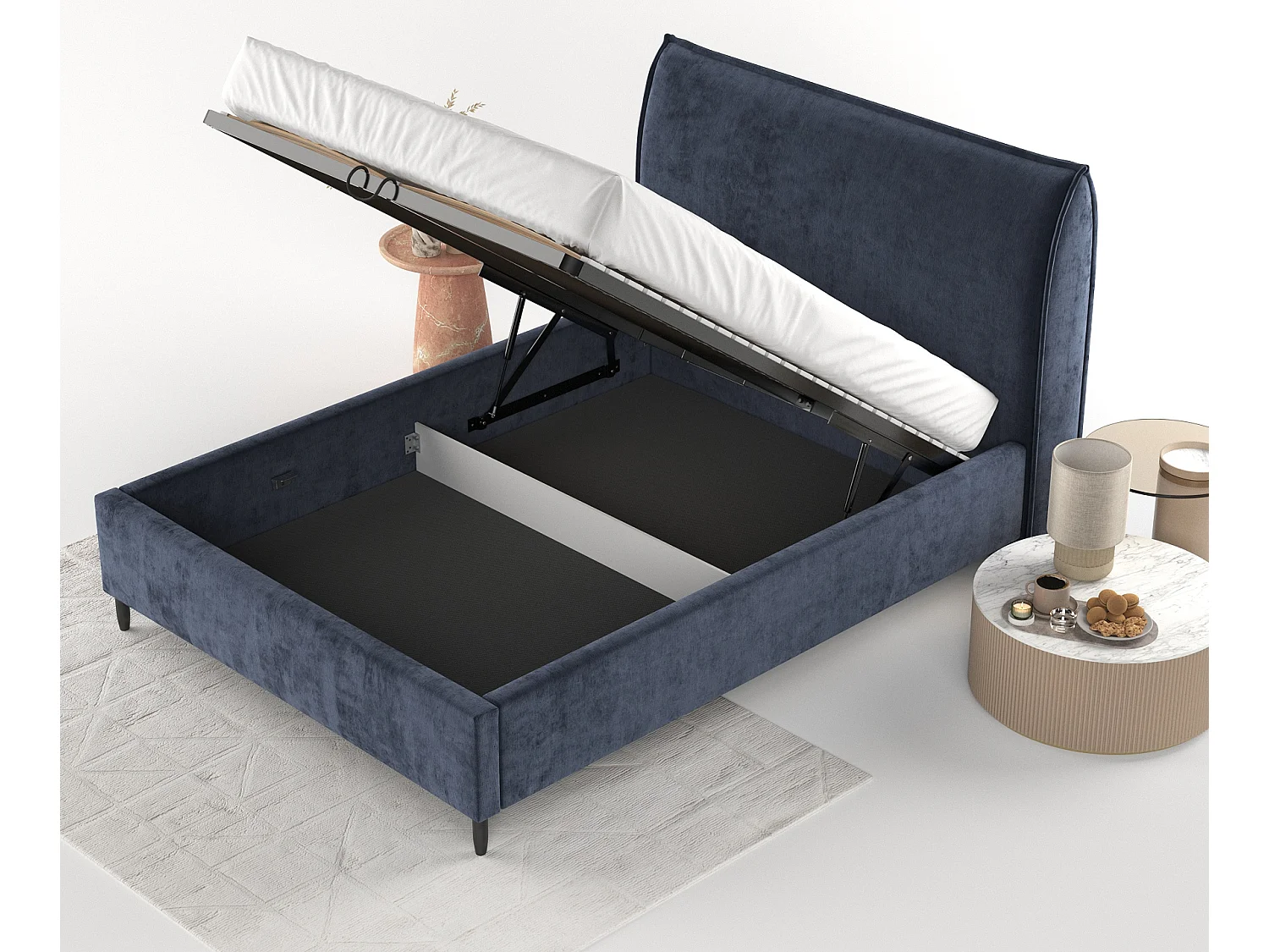 Gestoffeerd bed Shell - 120 x 200 cm - chenillestof - marineblauw
