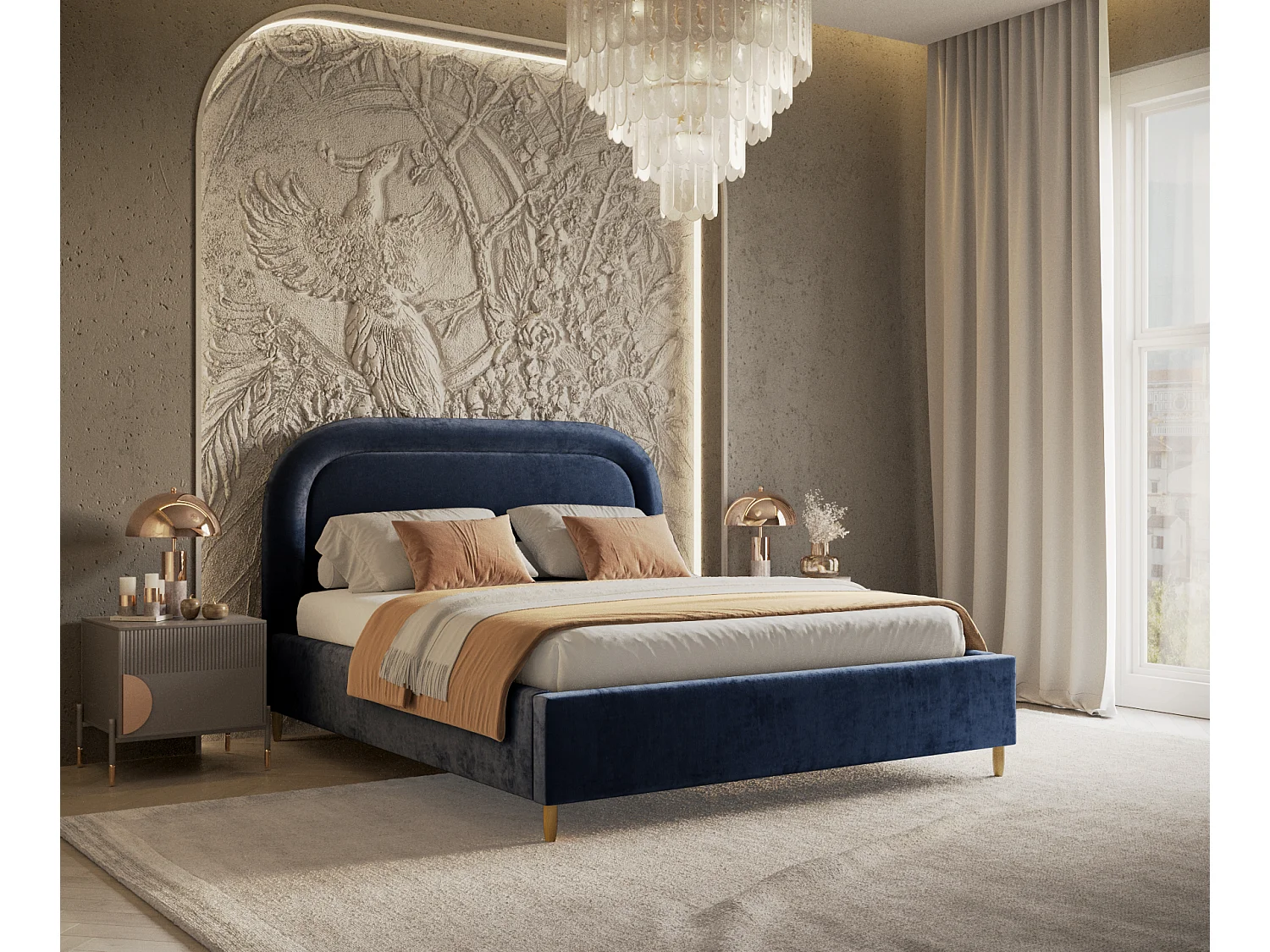 Polsterbett Mija - 140 x 200 cm - Chenille-Stoff - marineblau