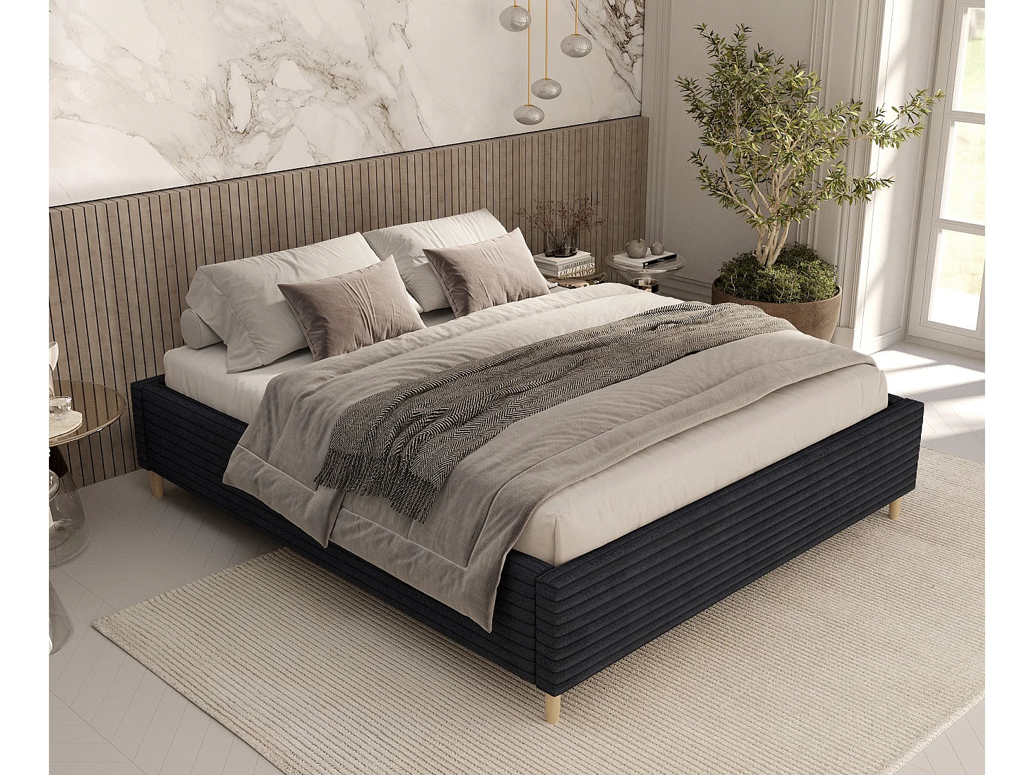 Polsterbett Larch - 160 x 200 cm - Samtstoff - schwarz