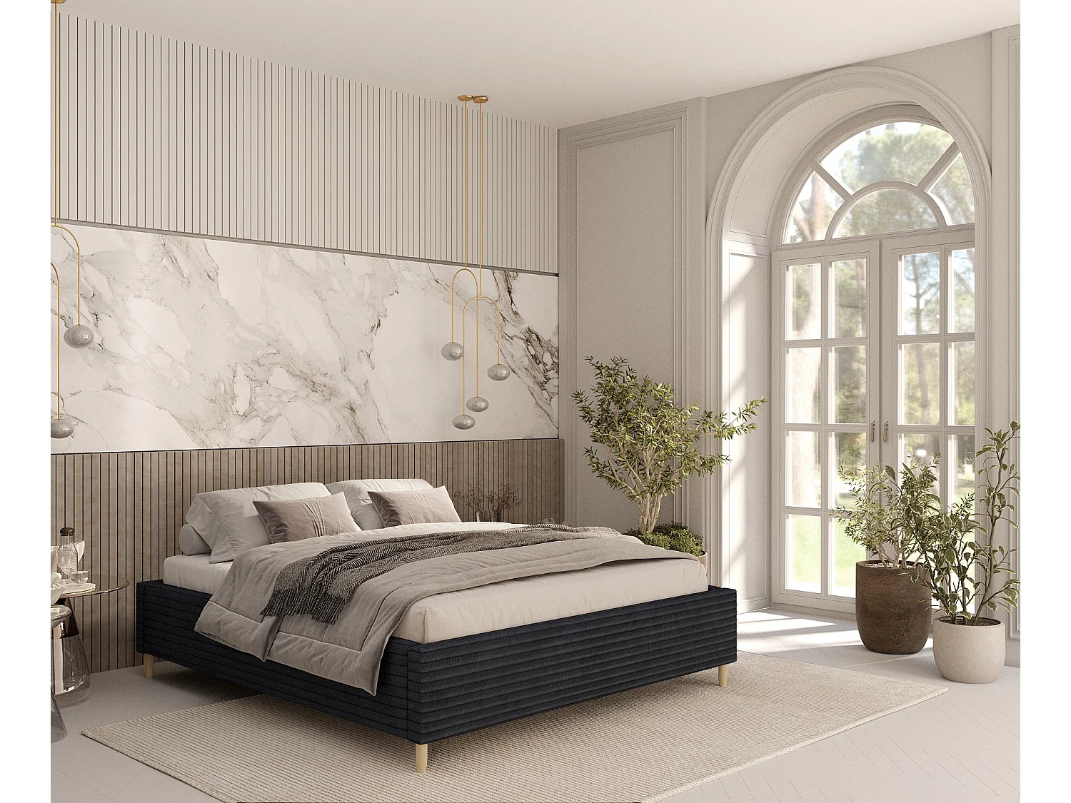 Polsterbett Larch - 160 x 200 cm - Samtstoff - schwarz