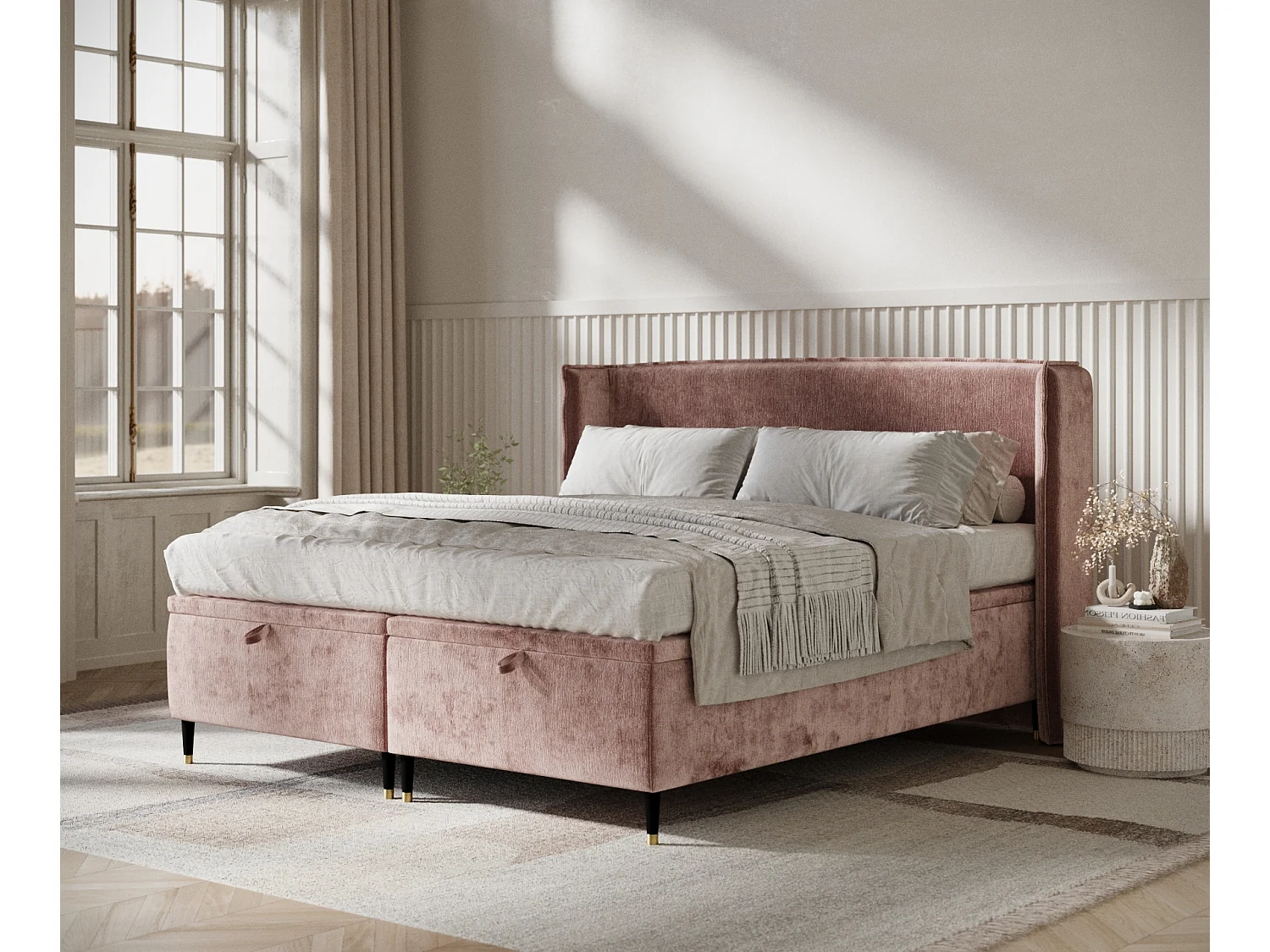 Lit coffre en tissu chenille Ritual - 200 x 200 cm - rose