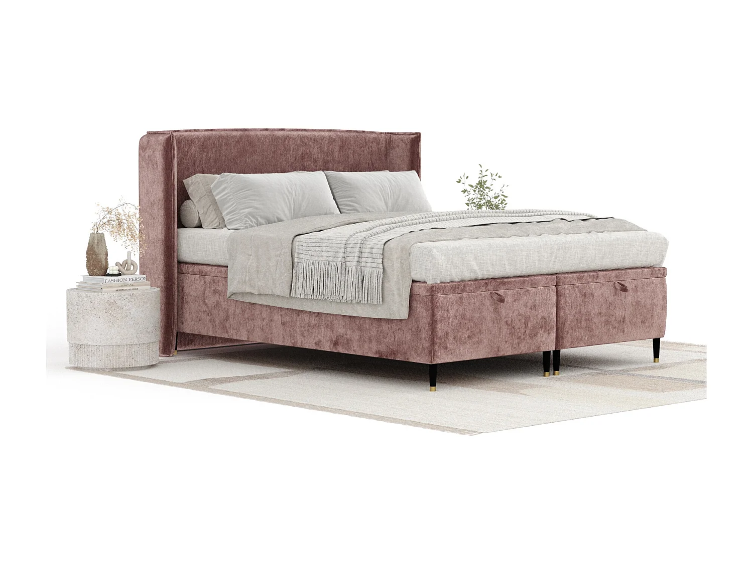 Lit coffre en tissu chenille Ritual - 200 x 200 cm - rose