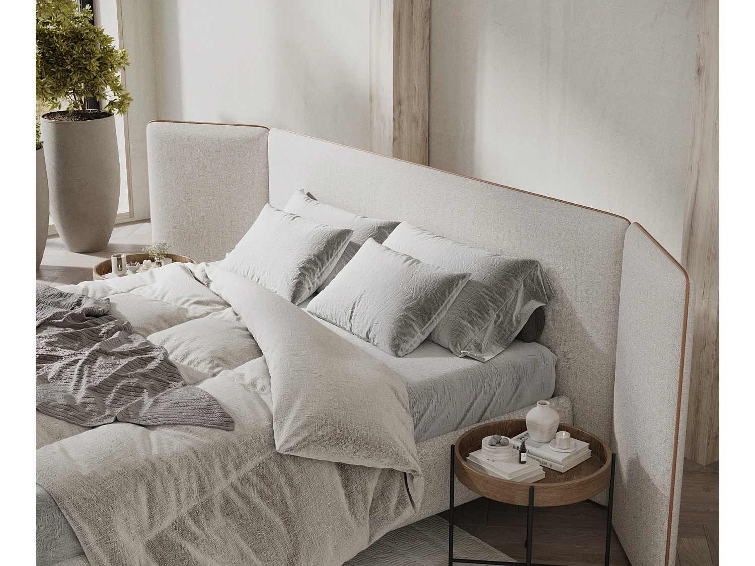 Lit coffre Tokyo - 140 x 200 cm - toile tissée - crème