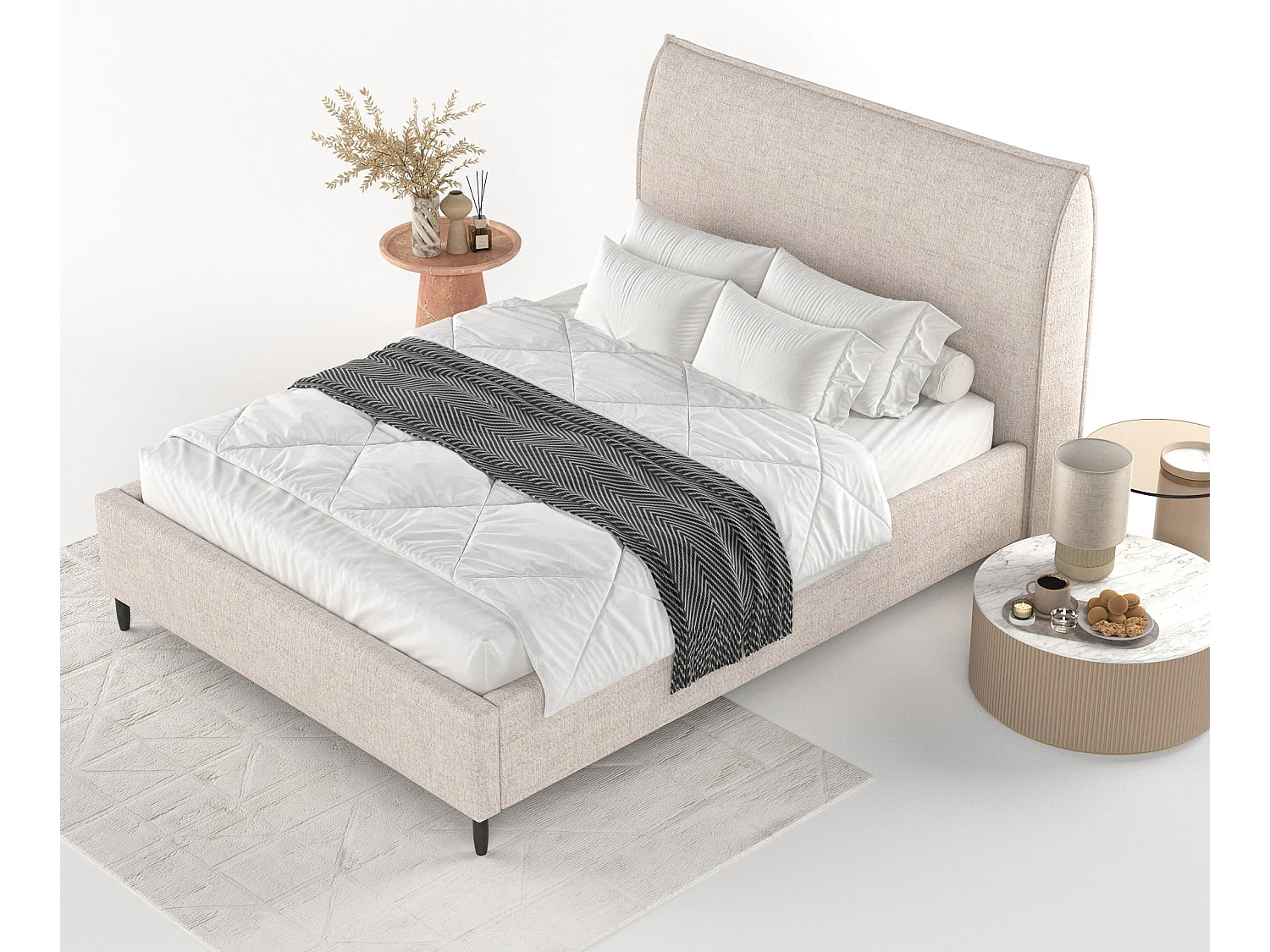 Lit capitonné Shell - 180 x 200 cm - toile tissée - beige