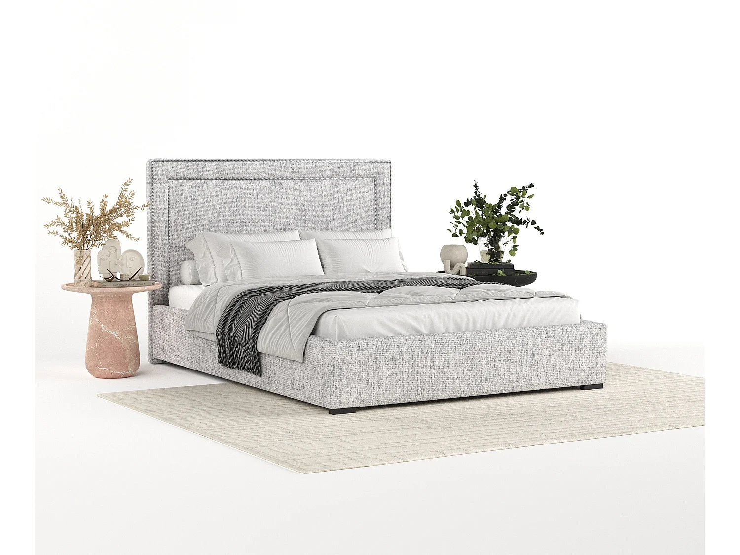 Łóżko tapicerowane Como - 140 x 200 cm - tkanina pleciona - jasnoszary