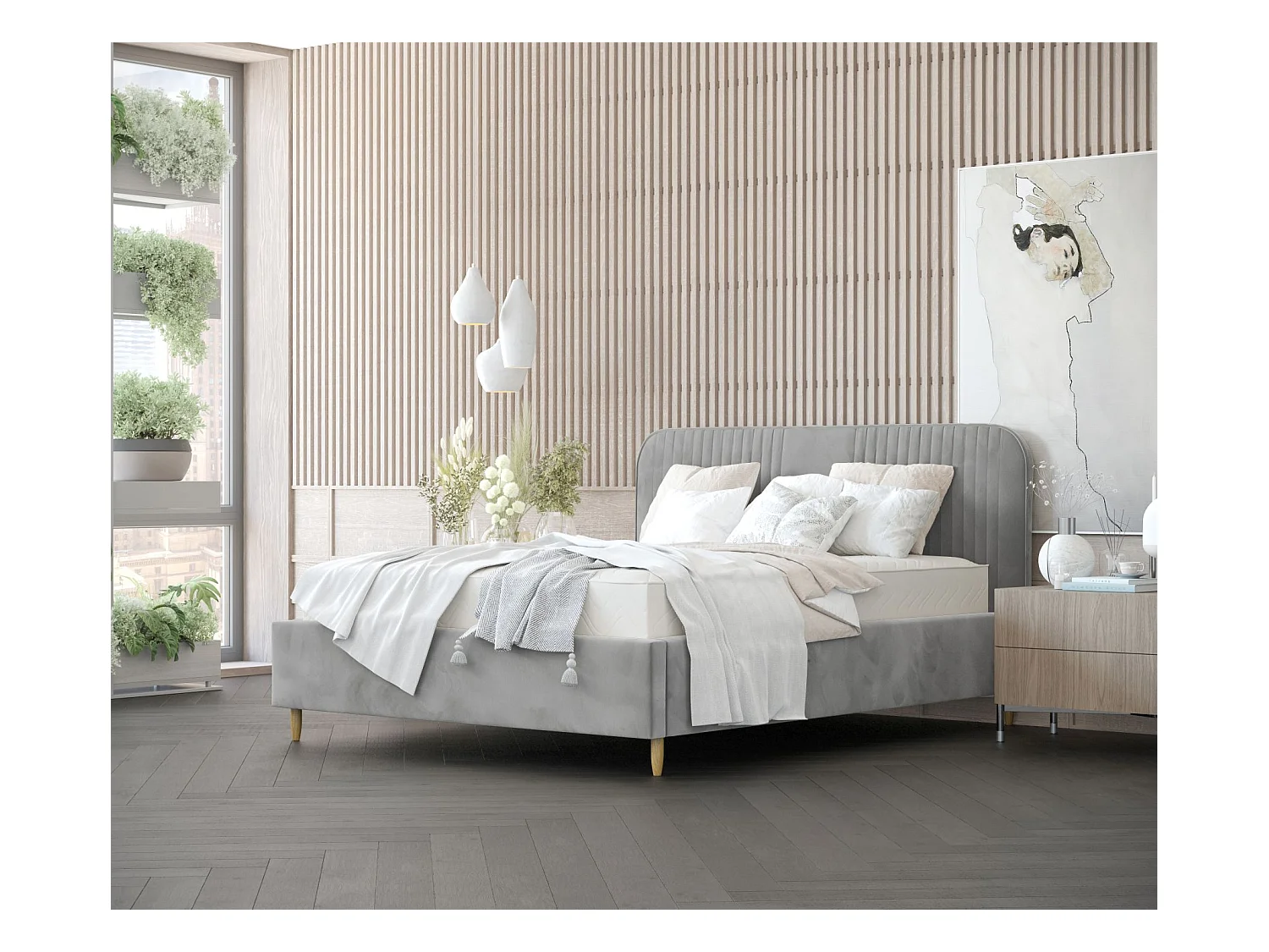 Lit coffre Livy - 140 x 200 cm - velours - gris