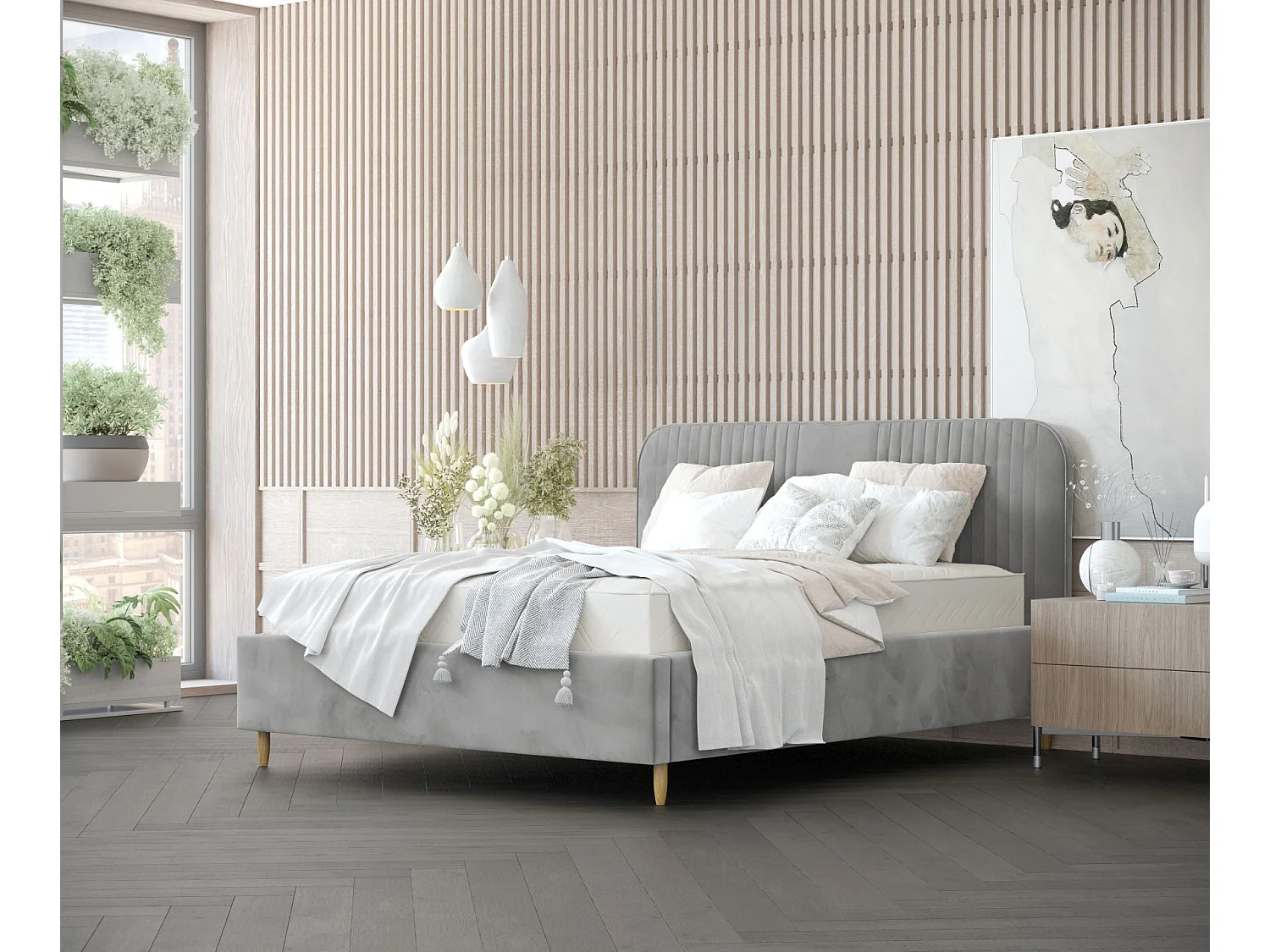 Polsterbett Livy - 140 x 200 cm - Samtstoff - grau