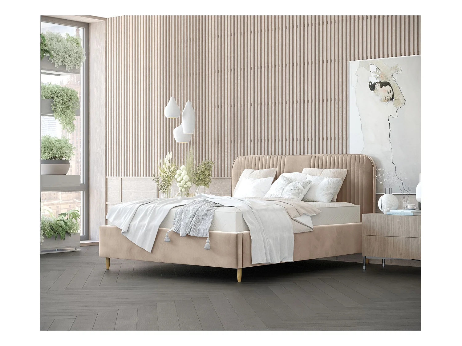 Lit coffre Livy - 160 x 200 cm - velours - beige